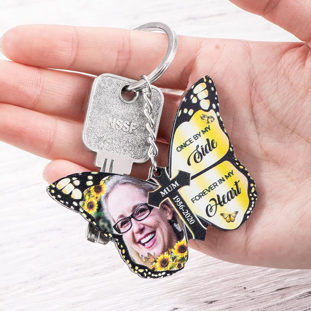Custom Photo Keychain Once By My Side Forever In My Heart Butterfly Keychain with Picture Memorial Gifts for Loss of Mom Dad Personalized Name Picture Keychain Pet Remembrance Gift Photo Key Chain image 2