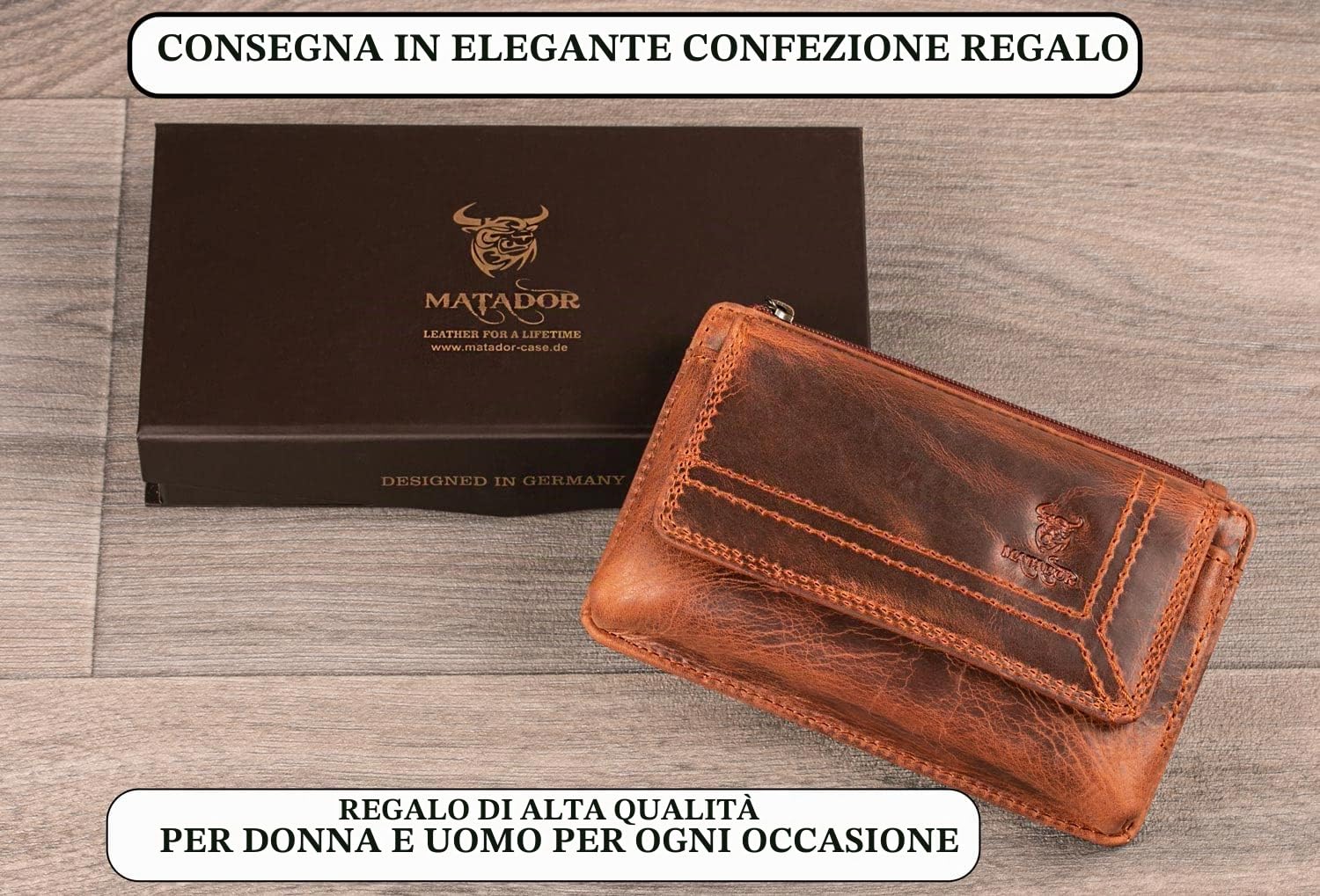 Matador Marsupio in Vera Pelle con Scomparto Separato con Cerniera per Carte e Monete per dispositivi Fino a 6,1 Pollici
