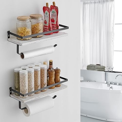 Vista 13 de BESy Estantes flotantes de almacenamiento montados en la pared con barra de toallero, soporte para toallas de papel con estante para cocina, Negro