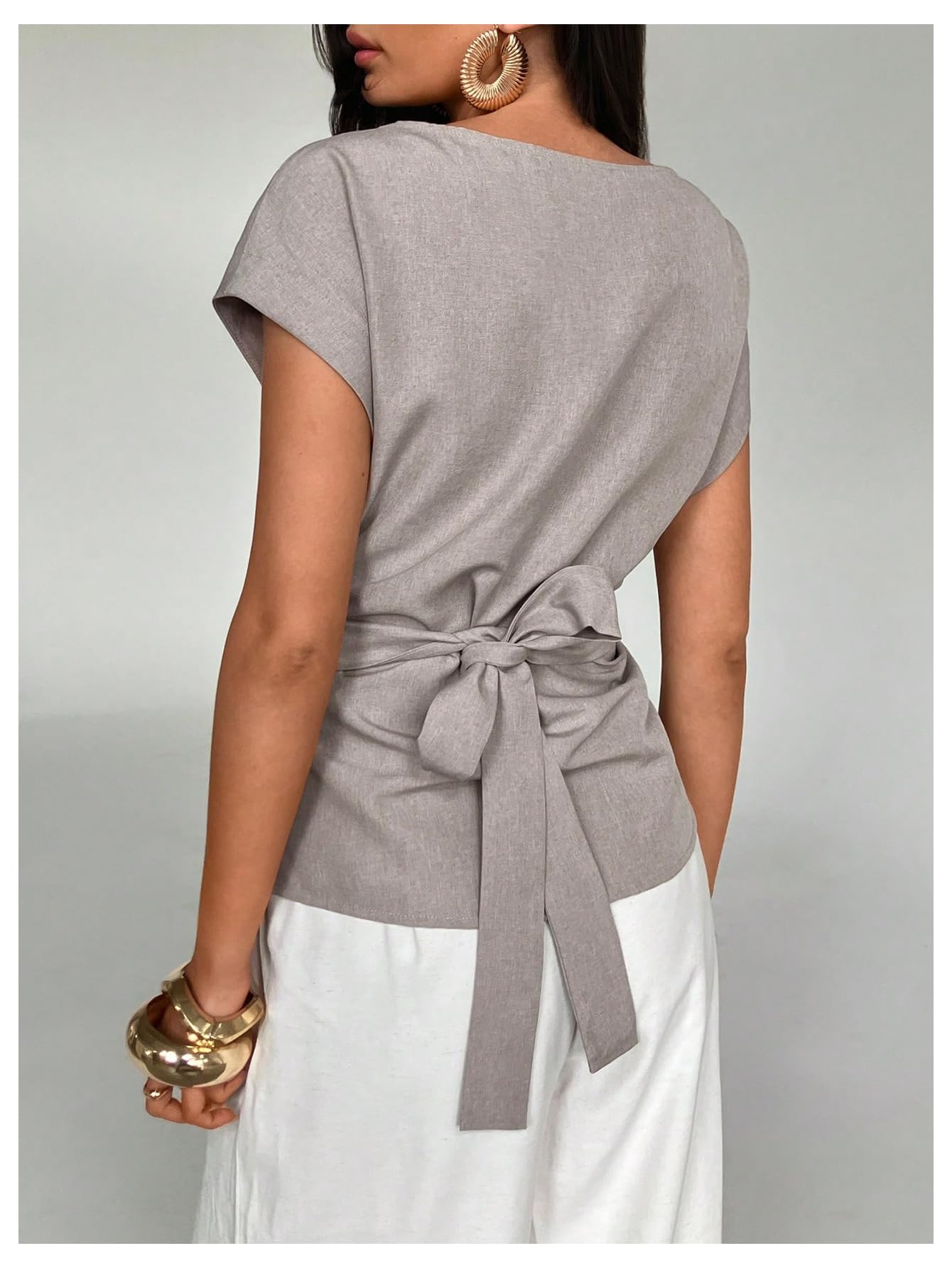 MakeMeChic Women's Belted Short Sleeve Blouse Crew Neck Loose Summer Elegant Office Shirt