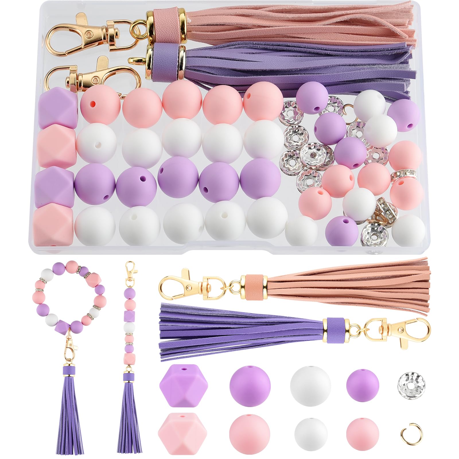 NEBURORA Silikonperlen für Schlüsselanhänger-Set, lila, rosa, weiße Perlen mit Lederquasten, runde Perlen für Armbänder, Bastelarbeiten, Perlenstifte, Dekorationen, Schmuckherstellung