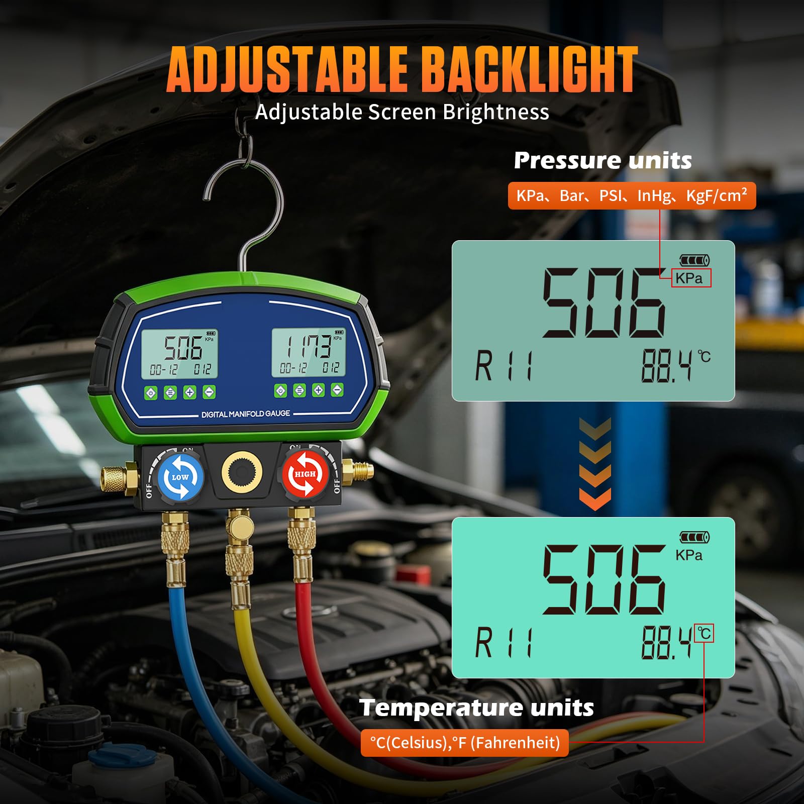 Digital Manifold Manometer, L302 Kältemittelanzeige HVAC -Verteilermessgerät für R32 R134a R410a 90 usw, Intelligenter Verteiler Mechnical Manifold Terminator