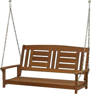 Furinno Tioman 4ft Hardwood Porch Swing - 2-Seater Outdoor Garden Swing with Heavy Duty Chains, Natural Meranti Wood
