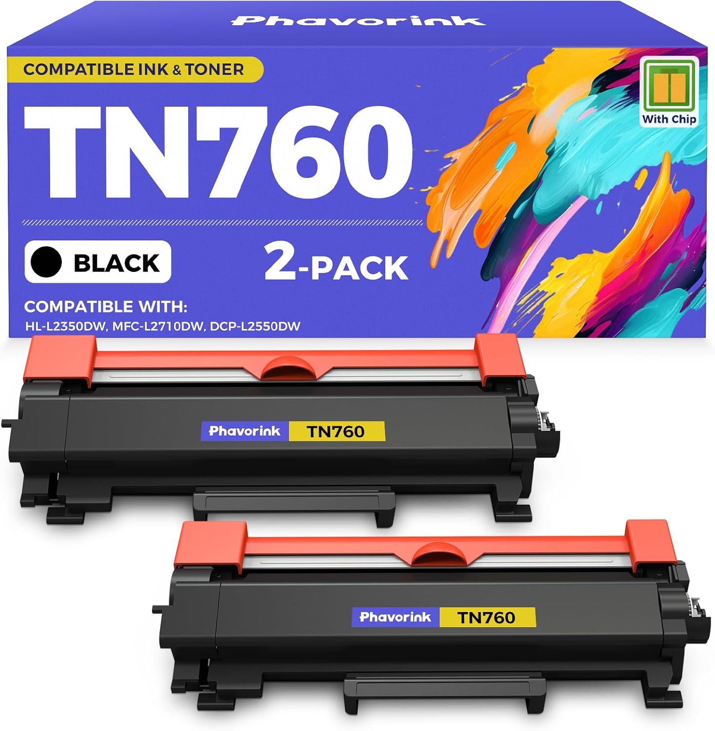 TN760 Compatible Toner Cartridge Replacement for Brohter TN-760 TN730 Use for DCP-L2550DW DCP-L2551DW HL-L2350DW HL-L2325DW HL‑L2379DW MFC-L2690DW MFC-L2690DWXL Series Printer 2-Pack Black