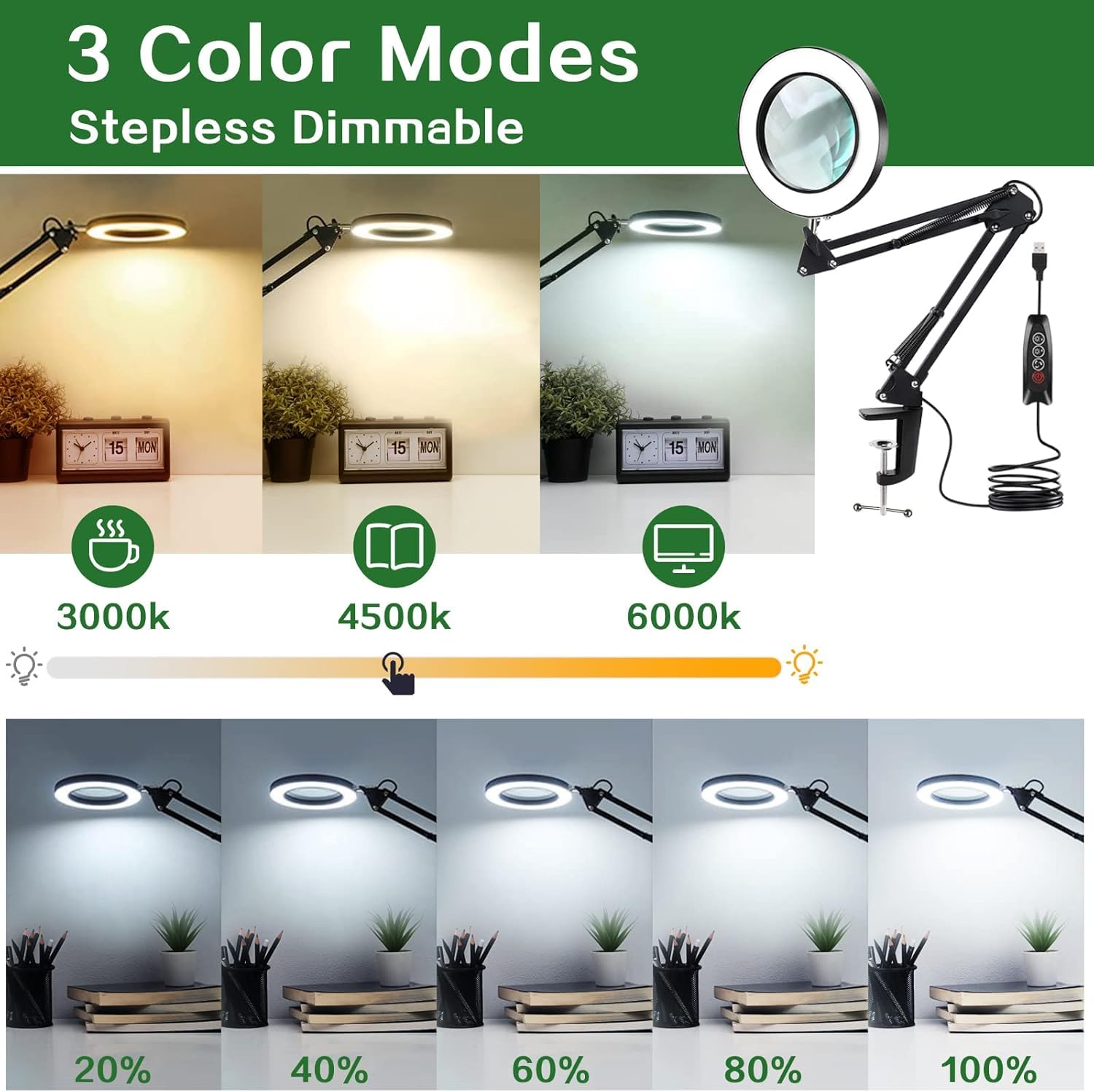 Lupe mit Licht, 10 Fach 15 Fach Lupenleuchte mit Klemme, Verstellbare Arm Lupenlampe Kosmetik mit 3 Modi Farben und Stufenlos Dimmbaren, Magnifying Glass with Light