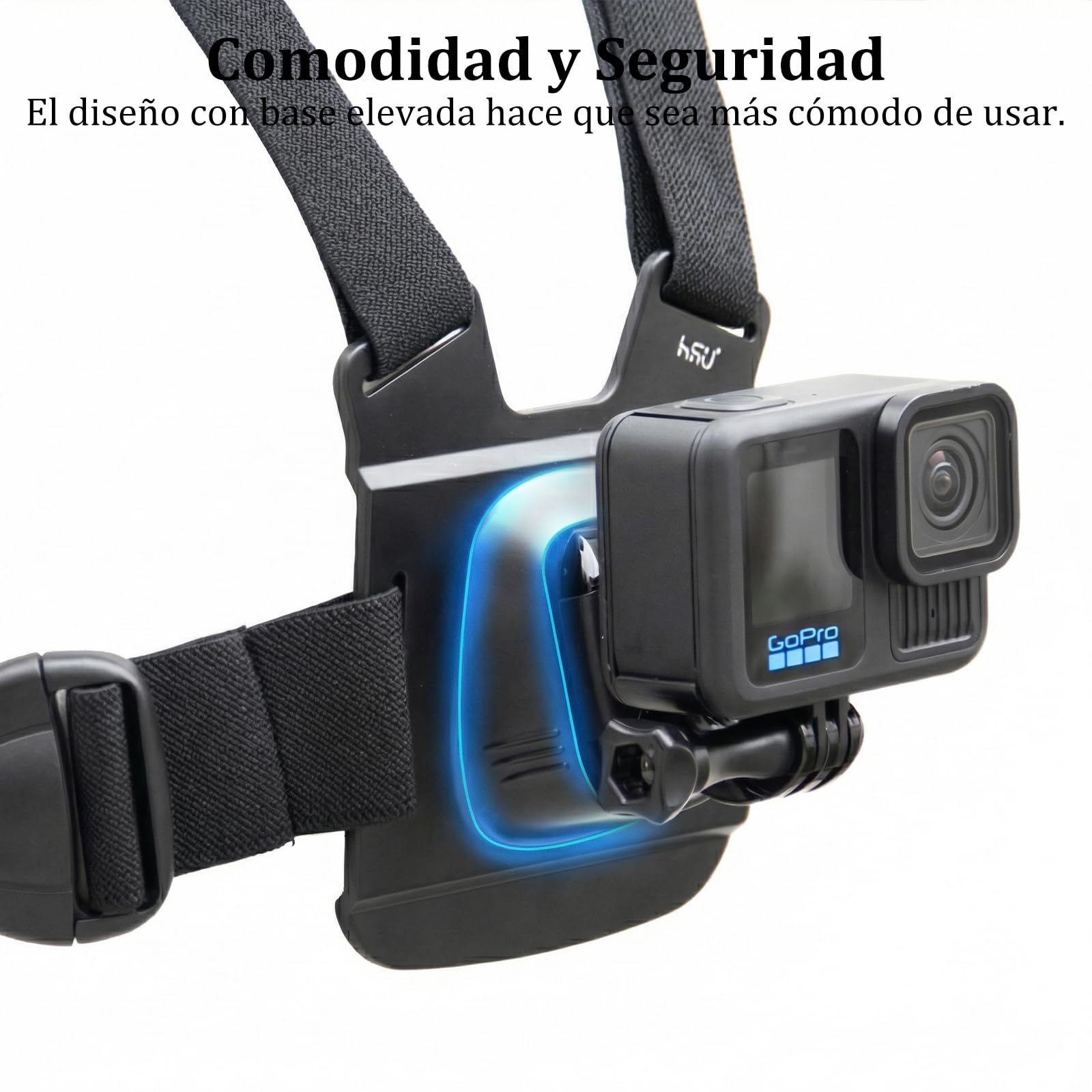 HSU Soporte de pecho ajustable correa de pecho para cámaras de acción, con cierre rápido J-Hook Clip y soporte vertical adaptador de cámara, grabación POV Set de accesorios para senderismo, esquí y