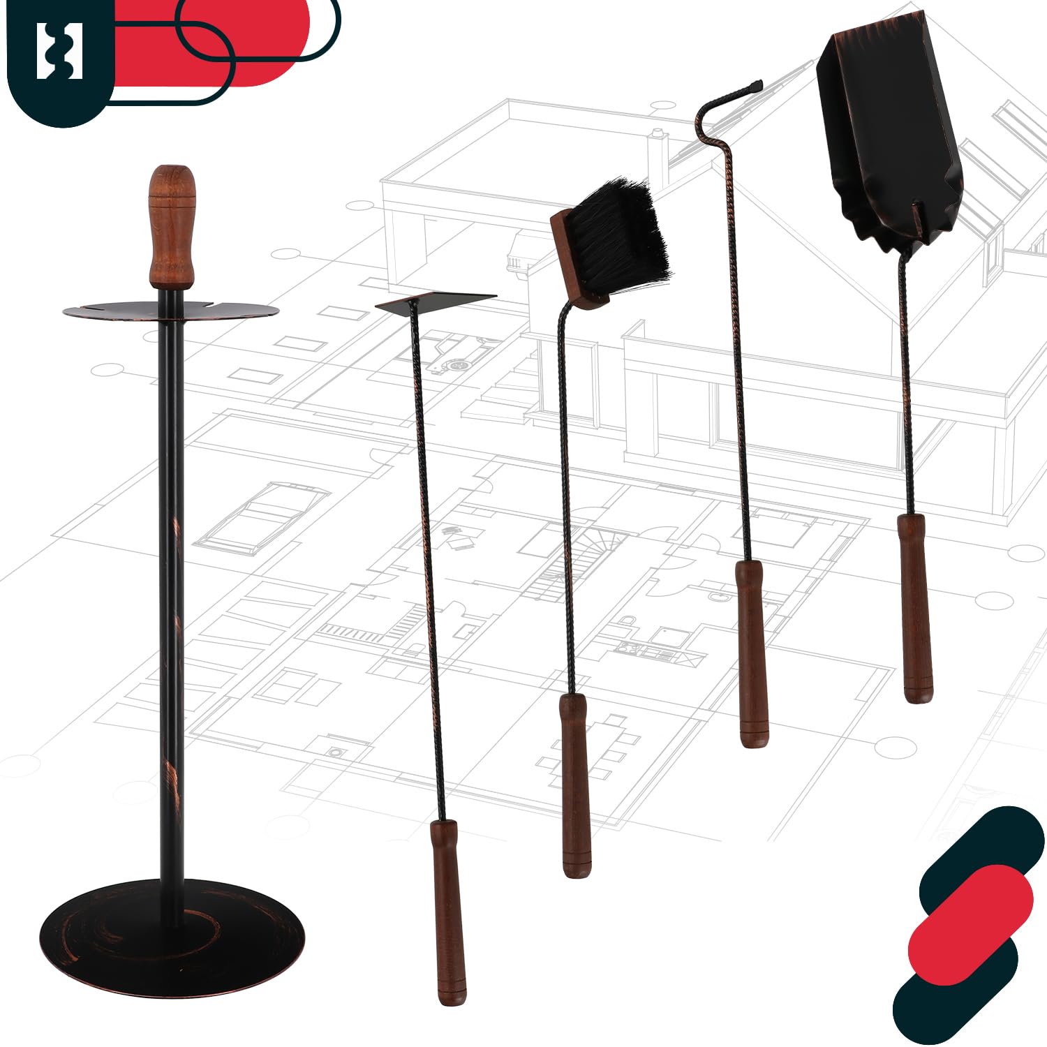 KOTARBAU® Kaminbesteck mit Ständer Set Kaminzubehör Kaminständer Schürhaken Aschekratzer Kohlenschaufel Besen Kamingarnitur Kaminset Ofenbesteck Schwarz