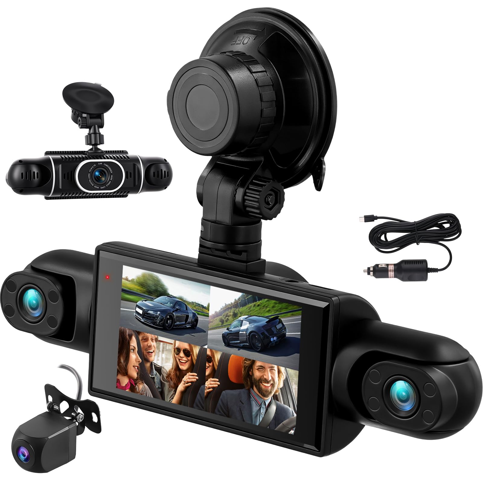 CAMECHO 4 Canales Dashcam 2K Cámara integrada Delantera, Izquierda, Derecha y Trasera con WiFi GPS, Rotación 360° Pantalla Dashcam 3 Pulgadas, Grabación en Bucle, Visión Nocturna, Sensor G
