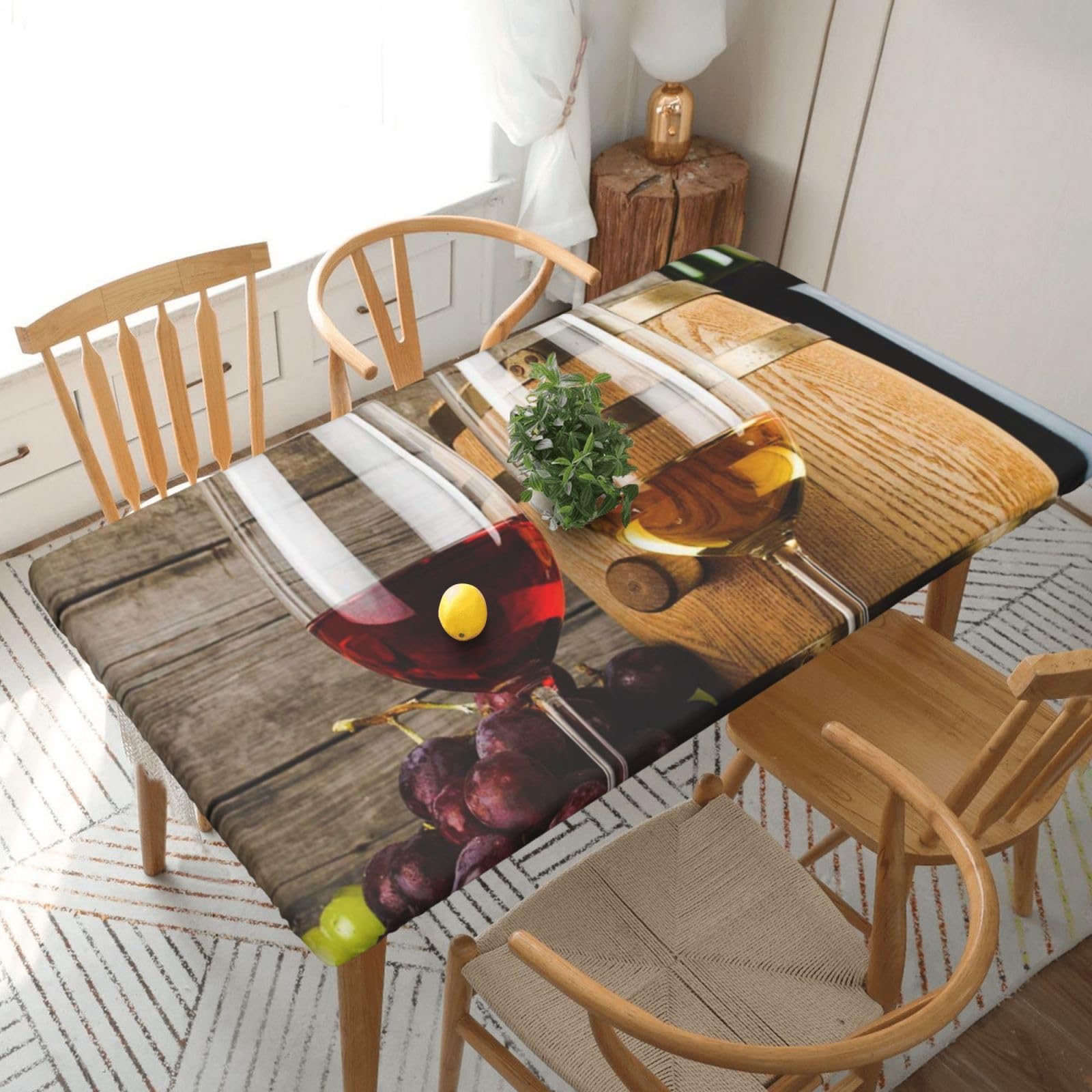 BNVSADC Red Wine Galsses & Grapes with Wooden Printed 5FT Tablecloth Polyester Kitchen Water Resistant Table Cloth Dining Table Decoration Table Covers, 152x76 CM