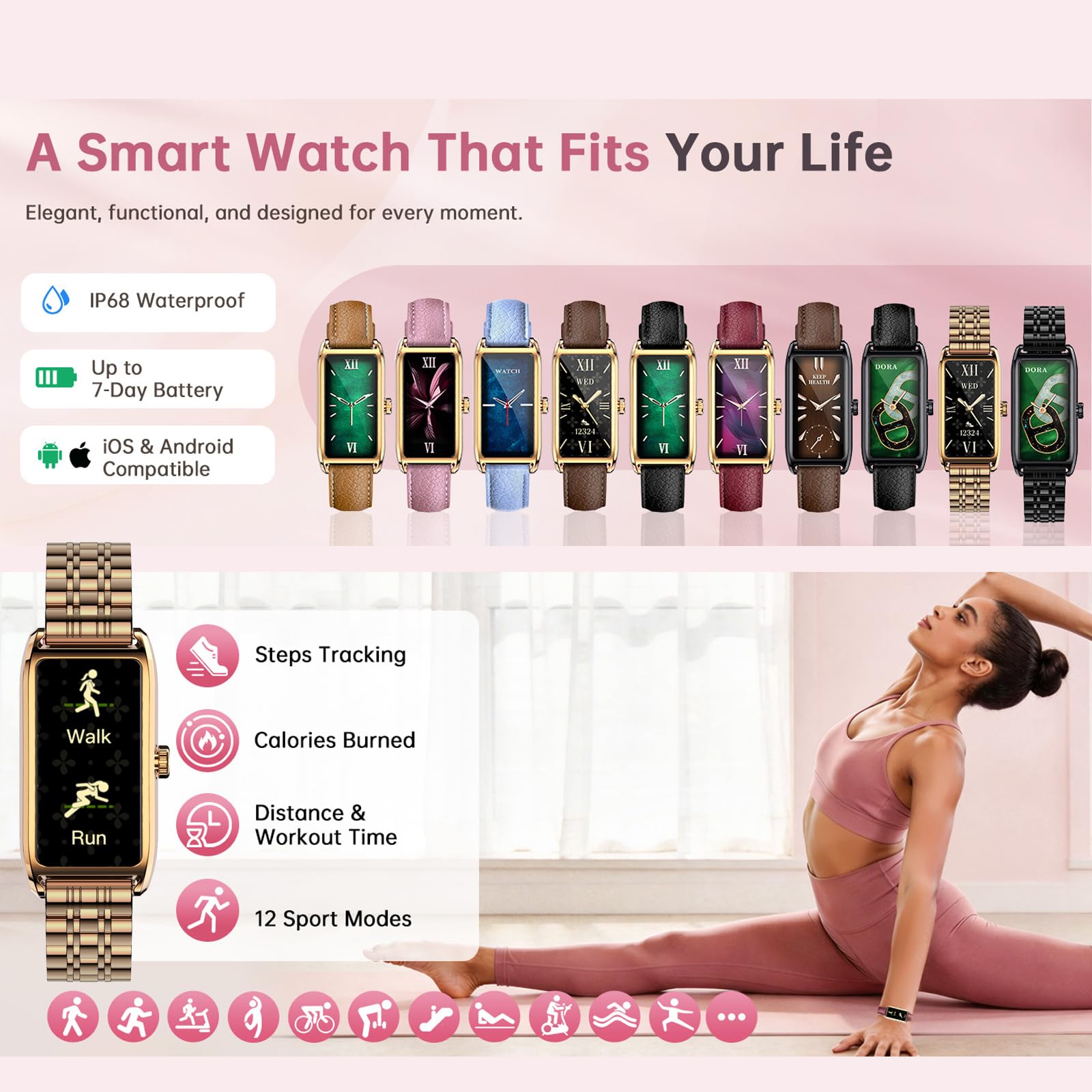 Fitness Tracker Damen Elegant Rosegold Smartwatch mit SchlafMonitor Herzquenz Podómetro Kalorienzzähler Menstruationszyklus Luxus Uhren für Frauen