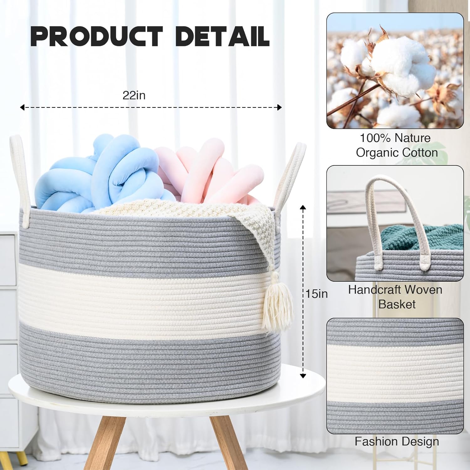 110L Extra Large Laundry Baskets, Storage Basket for Organizing,Woven Basket for Storage,Cotton Rope Basket,Nursery Basket,Large Blanket Basket for Living Room,Toys Basket(White/Grey2)