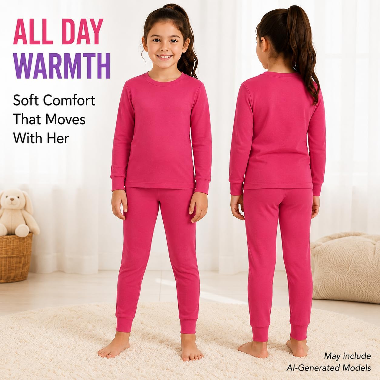 Sweet & Sassy Girls Thermal Underwear Set - 4 Piece Waffle Knit Thermal Long Sleeve and Long Johns Base Layer (Sizes 2T-16)