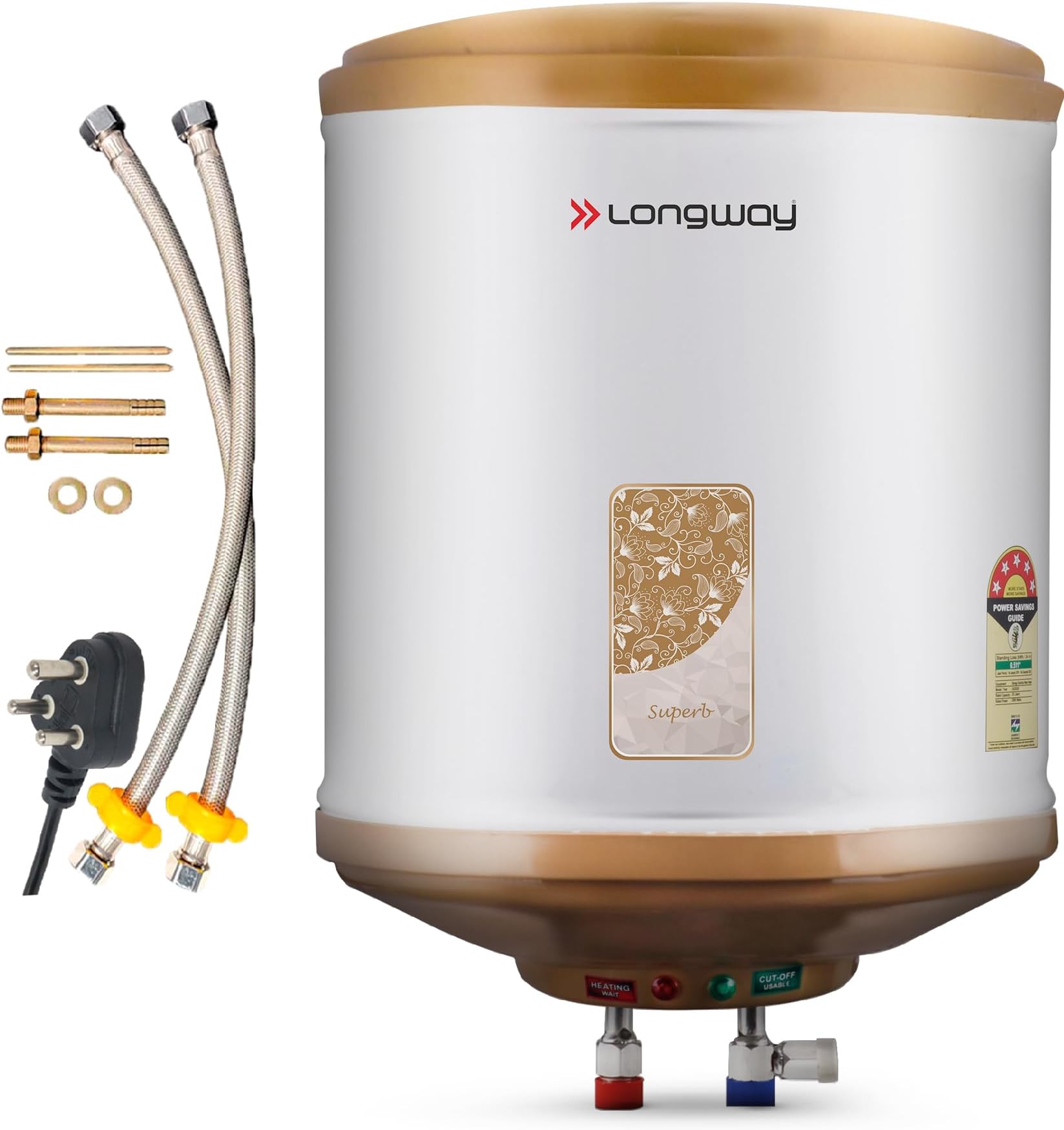 - Longway Superb 25 ltr with Free Installation Kit Automatic Storage Water Heater with Multiple Safety System & Anti-Rust Coating 5 Star Rated (Ivory, 25 Ltr, Pack of 1)