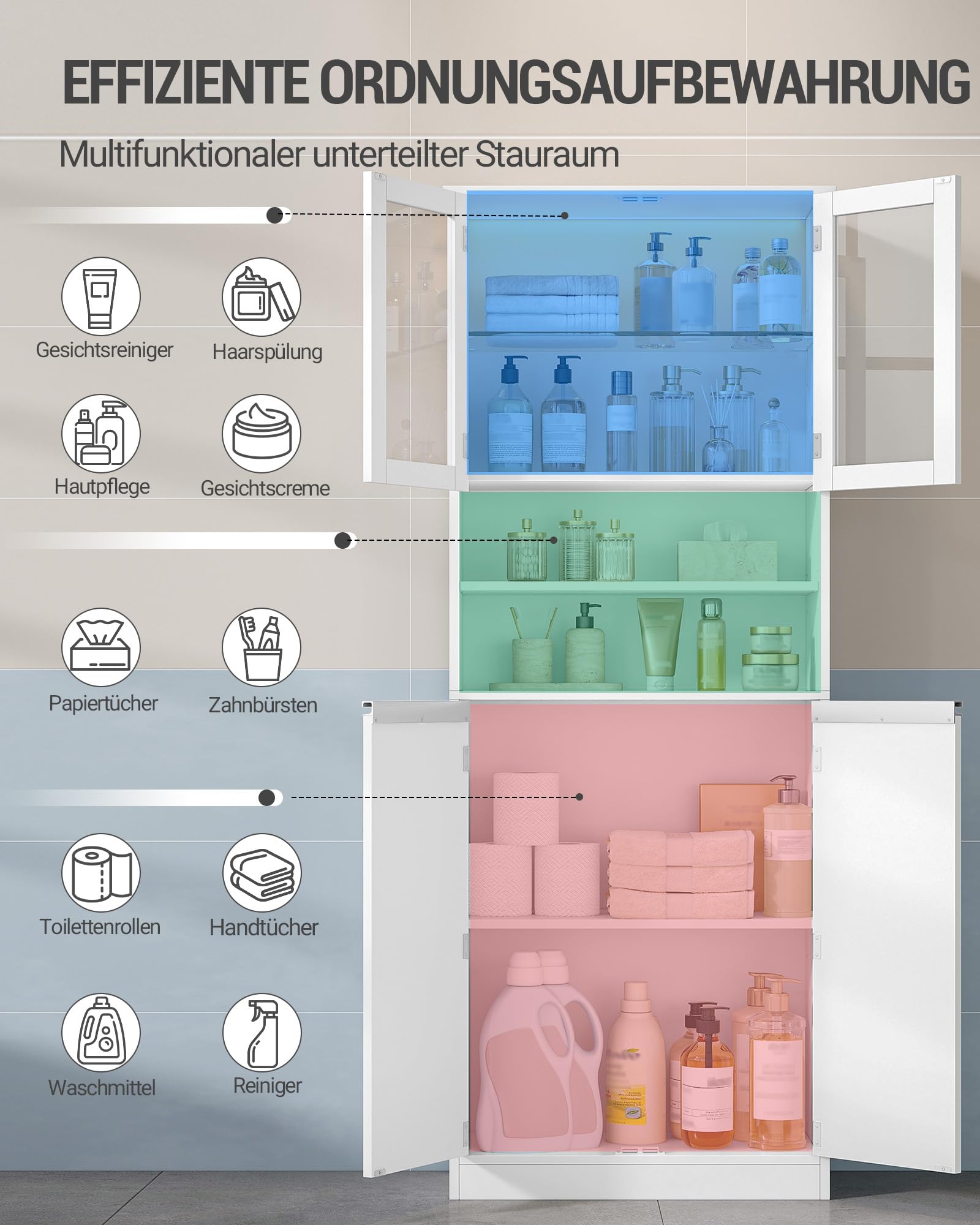 Hzuaneri Mobile Bagno con Luci LED, Mobiletto Bagno Salvaspazio, 4 Ante e 2 Vani Aperti, Ripiani Regolabili, Moderno, per Soggiorno e Ambiente, 28 x 60 x 170 cm, Bianco SC40003XEU