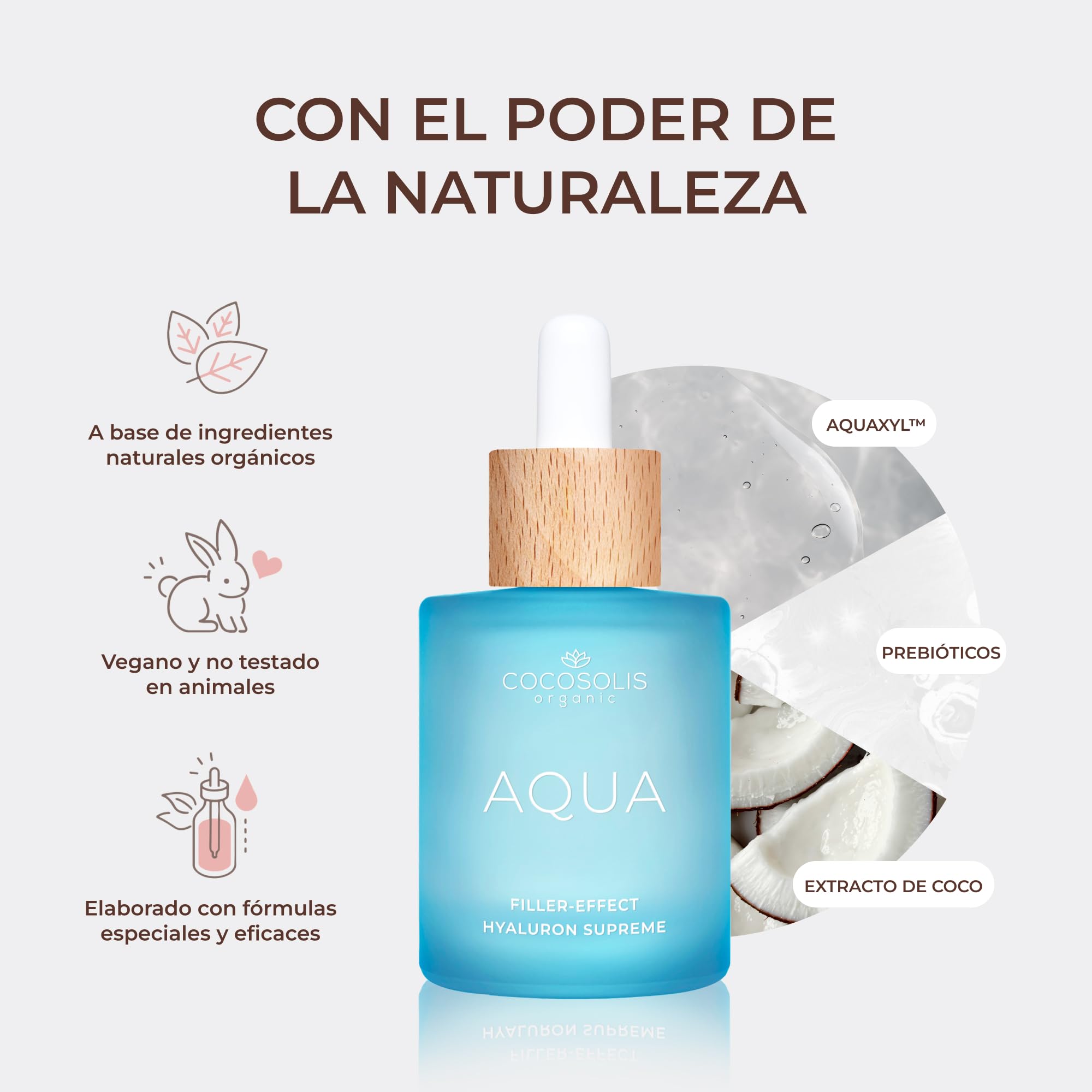 COCOSOLIS AQUA Filler-Effect Hyaluron Supreme - Sérum facial con 8 tipos de ácido hialurónico y Aquaxyl™, cuidado de día vegano antiedad con ultra hidratación