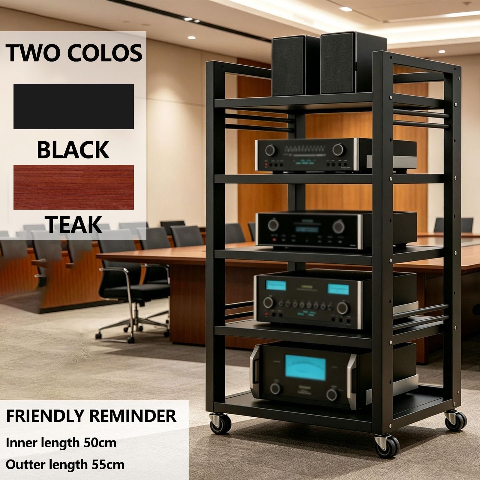 Mobile Hifi 5-Level Audio-Video Con Ruote Universali Altezza Regolabile | Mobile Stereo Hi Fi Rack/Con 360° Ruote/Con Ripiano Regolabile/ Altezza Regolabile/Per Sala Giochi(Teak)