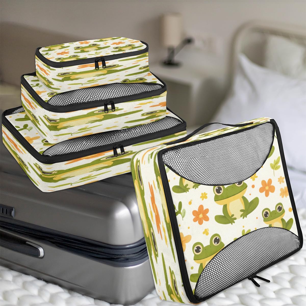 Animal Cartoon Frog 4 Set Packing Cubes Packing Cubes for Women Lightweight Travel Essential Bag Clothes Carry on Suitcase Bags for Accessories Essentials