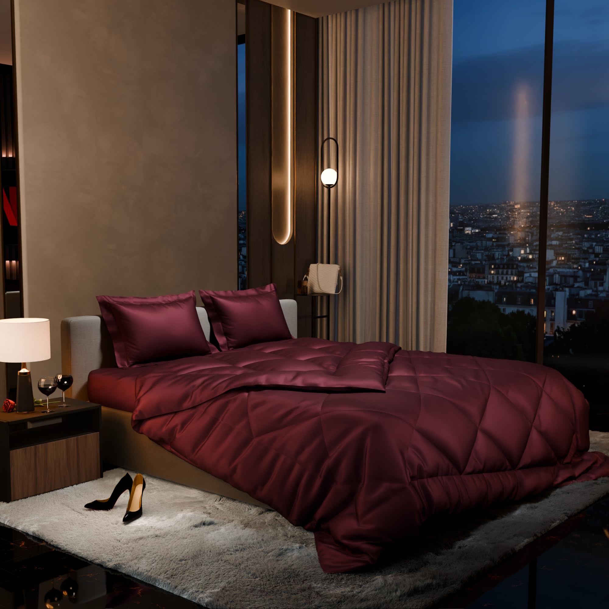 Stoa Paris 300 Tc Satin Comforter Set Double Bed With Satin Bedsheet & Pillow Covers, Complete Bedding Set, Ideal Gifts For Women, Couples, Bedroom Home Furnishing, Date Night Collection - Velvet Wine