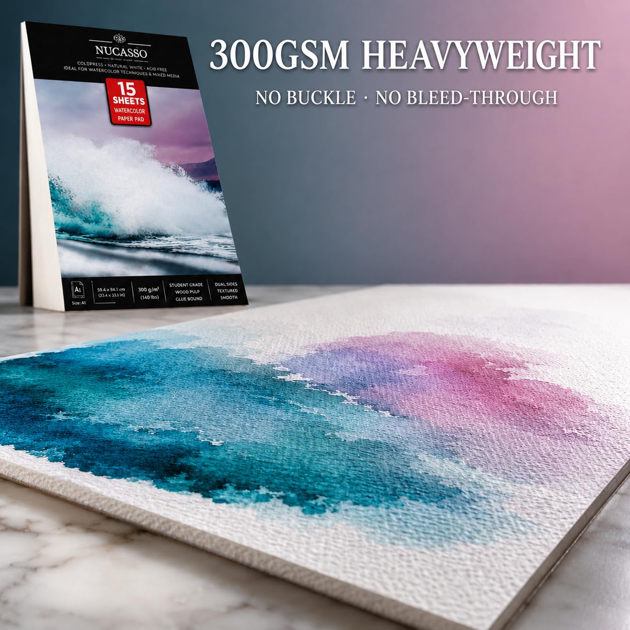 NUCASSO Bloc de papier aquarelle A1 x 15 feuilles - Blanc naturel 300 g/m² - Qualité étudiante - Pressé à froid - Carnet de croquis aquarelle relié à la colle pour supports humides, secs et mixtes