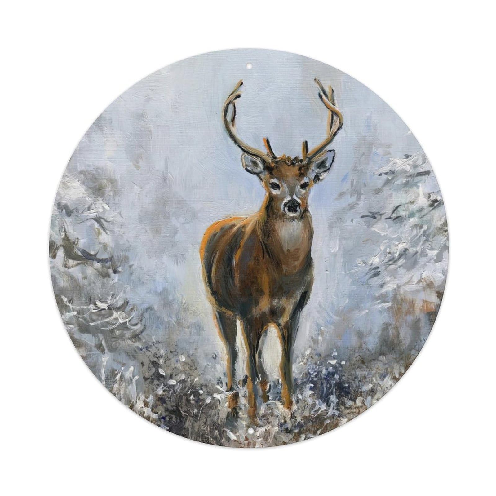 Animal Artwork Deer in The Snow Vintage Metal Tin Sign Plaque Wall Decor for Cafe, Club, Garden Round Metal Poster 8x8Inch