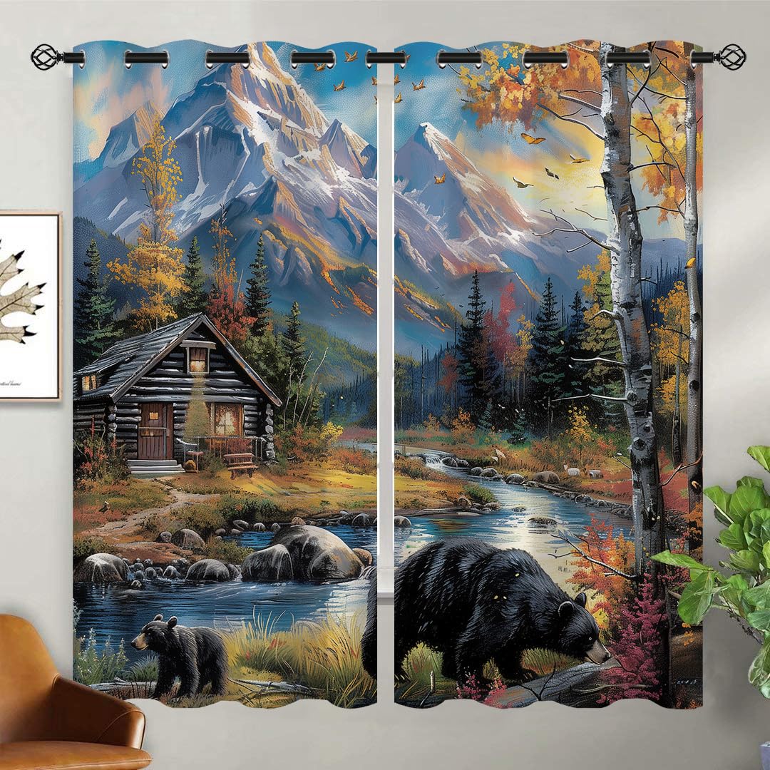 XINBADU Rustic Forest Cabin Blackout Curtains for Girls Boy Home Decor, Country Farmhouse Bear Grommet Thermal Insulated Drapes Darkening Window Curtain for Bedroom Living Room, 72 x 63 Inch