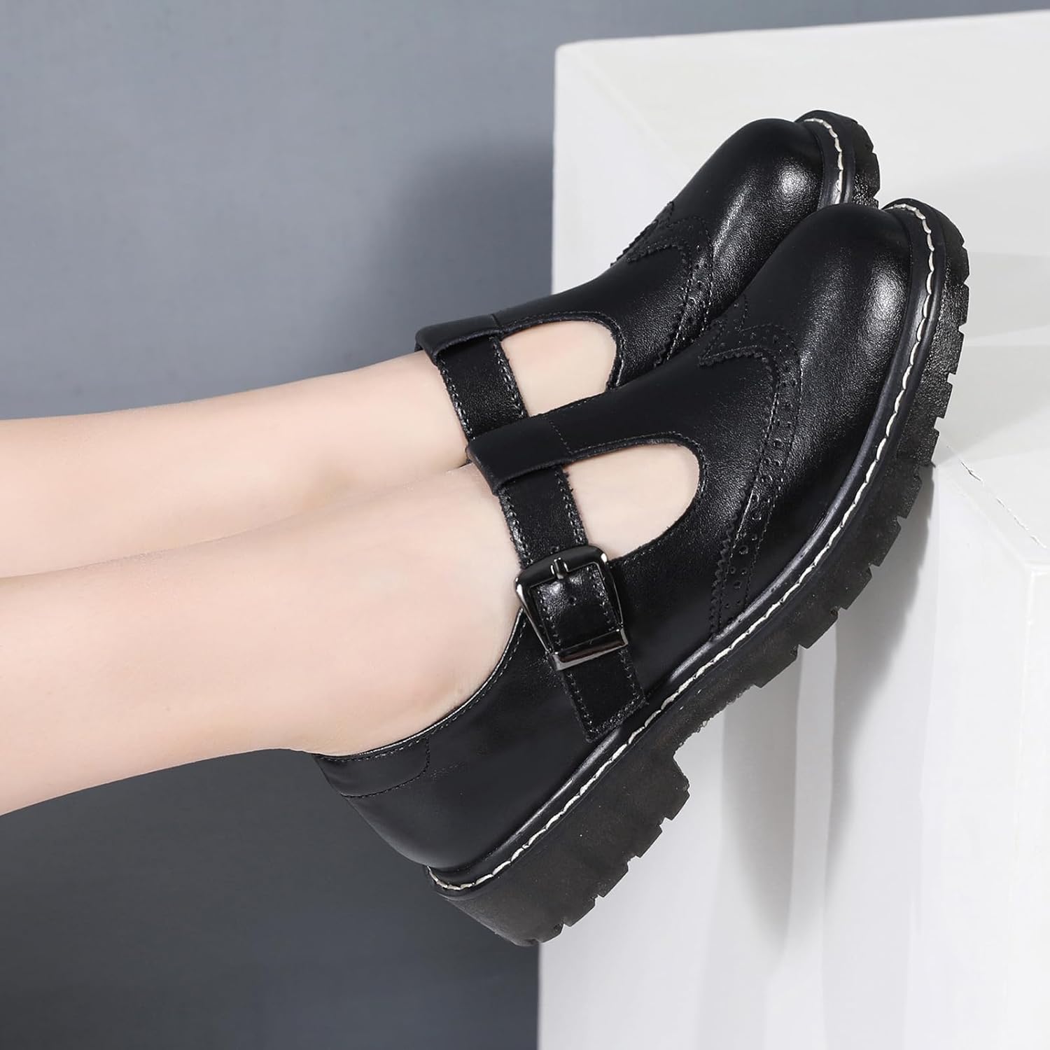 XMM Mary Jane Shoes Women Oxford Shoes Leather Round Toe Flats Non-Slip Ankle Buckle Strap Comfort Casual Dressy Cosplay Party School Work Shoes - Image 7
