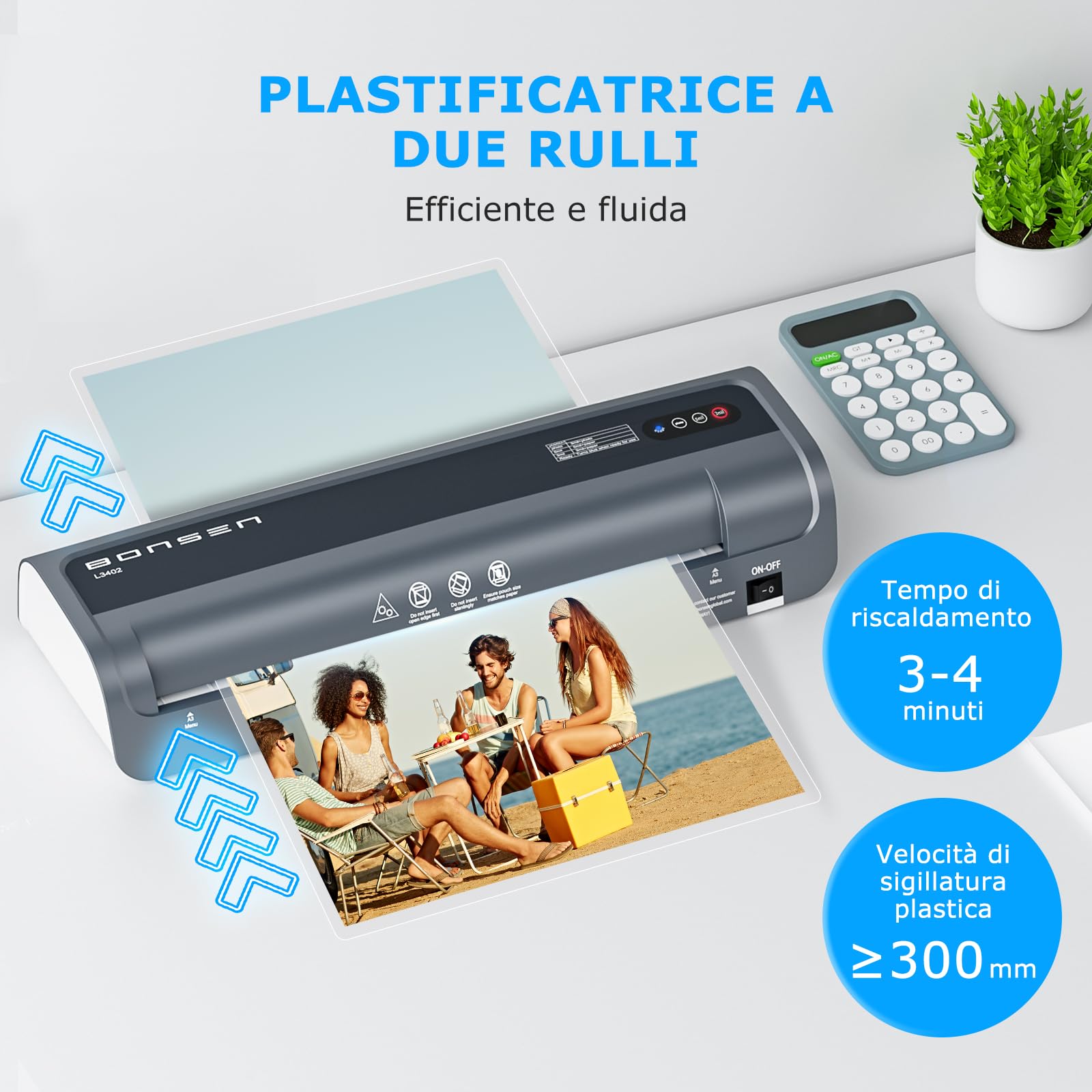 BONSEN Plastificatrice A3 con Tecnologia Anti-Blocco, 100 Fogli (50 x A4, 25 x A5, 25 x A6), Controllo di Temperatura NTC Preciso, 13 Pollici Plastificazione Rapida per Casa, Scuola e Ufficio, L3402
