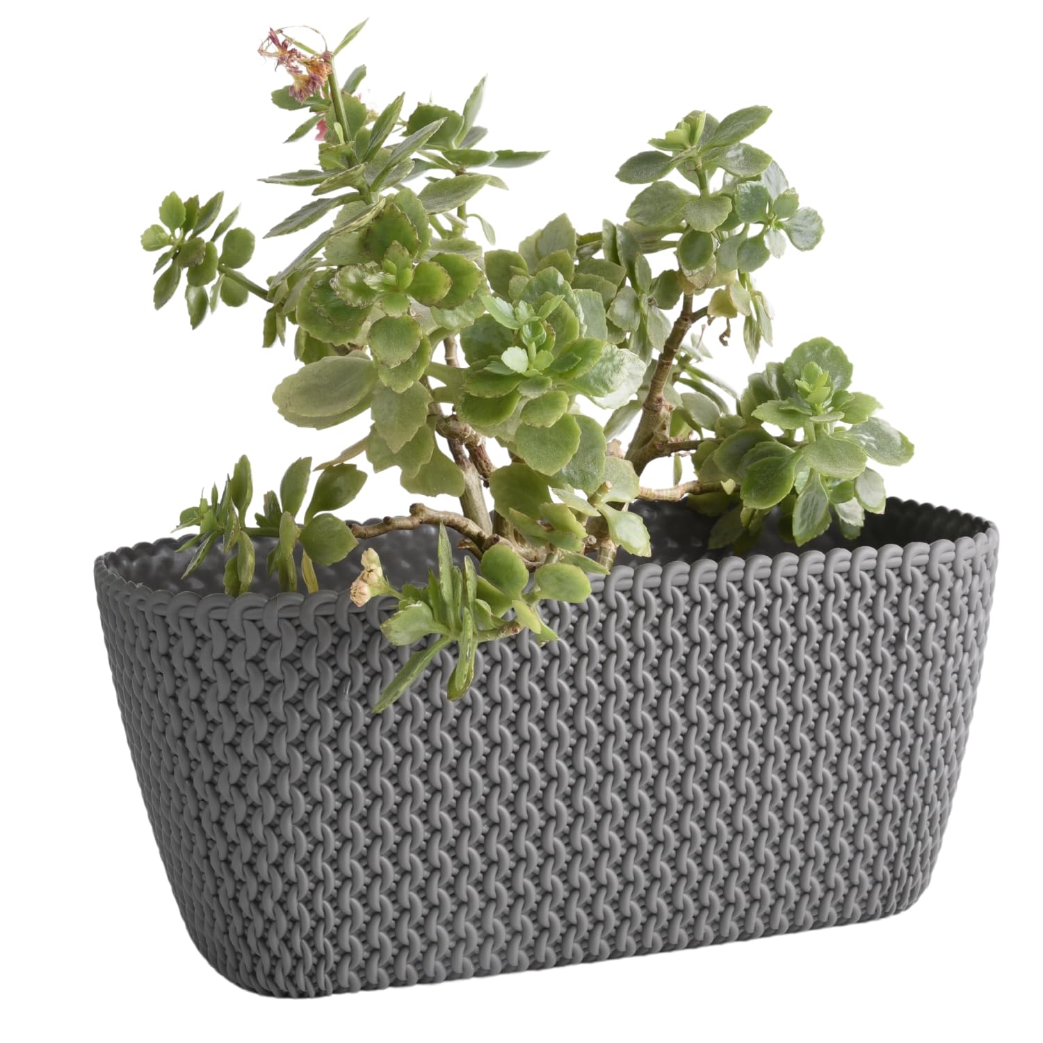 B2C Rectangular Planter Long Flower Pot Indoor Outdoor Patio Plant Case Plastic Woven Rattan knitted braided pattern Home & Garden (Grey, 40cm)