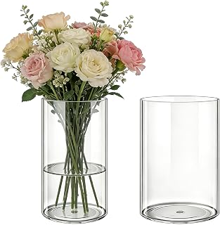 Acryl Blumenvase 2 Teiliges Set, Bruchsichere Transparente Zylindervase, Modern Acryl Vasen zur Dekoration, Vase für Hochzeiten, Wohnzimmer, Büro, Hausdekoration-(12 x 20 cm und 15 x 20 cm)