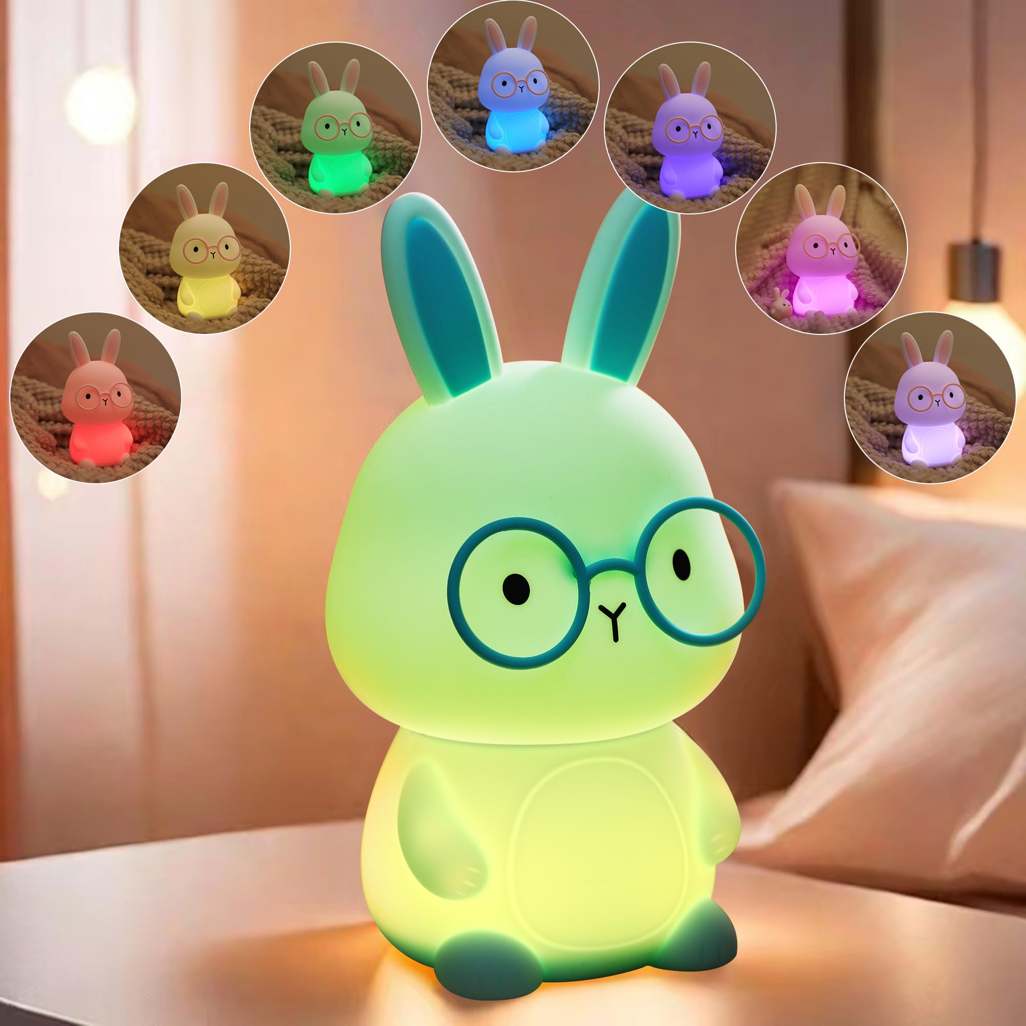 Bunny Night Light for Kids, Soft Silicone Nursery Lamp, 7-Color Glow, 3-Level Dimmable Warm Light, Tap Control, 30Min Timer, Rechargeable, BPA-Free,