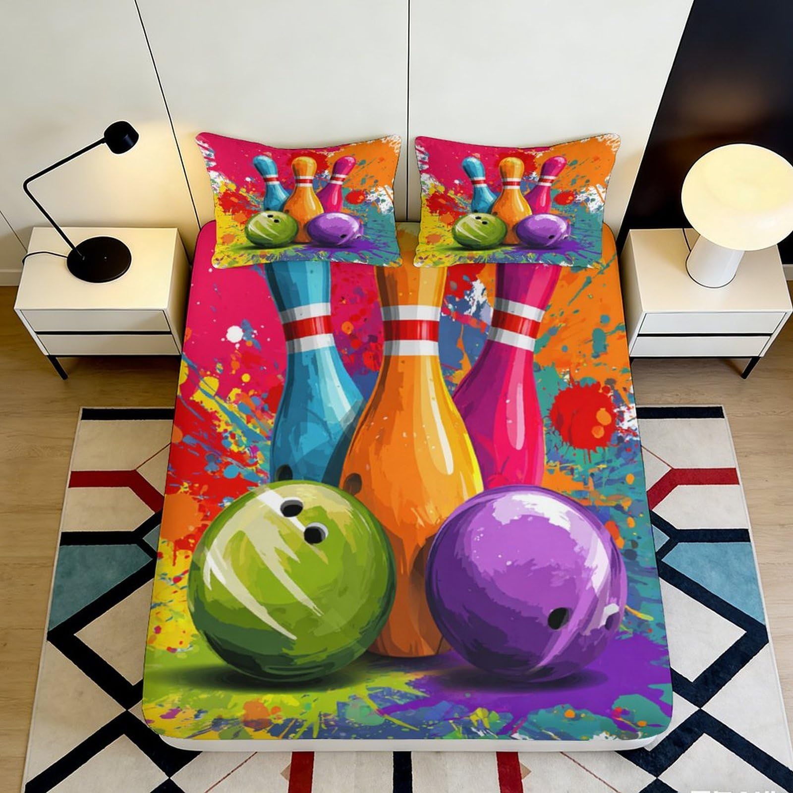 Vibrant Decor 3D Printed Bowling Pins Fitted Sheet, Microfiber Soft Touch Bed Cover for Home Bedroom, Wrinkle Resistant, Guest Room Bedding 120x200x25cm