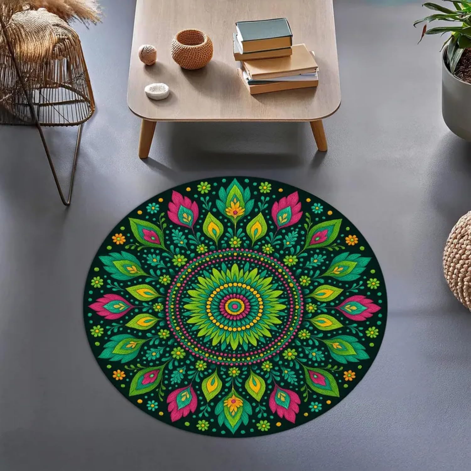 USHIRUG Bohemian Floral Round Rug,100cm Floral, Leafy and Green Plant Print Round Area Rugs, Beautiful Artistic Country Farmhouse Style Decor Carpet for Entrance, Dining Room, Coffee Table, Yoga Room