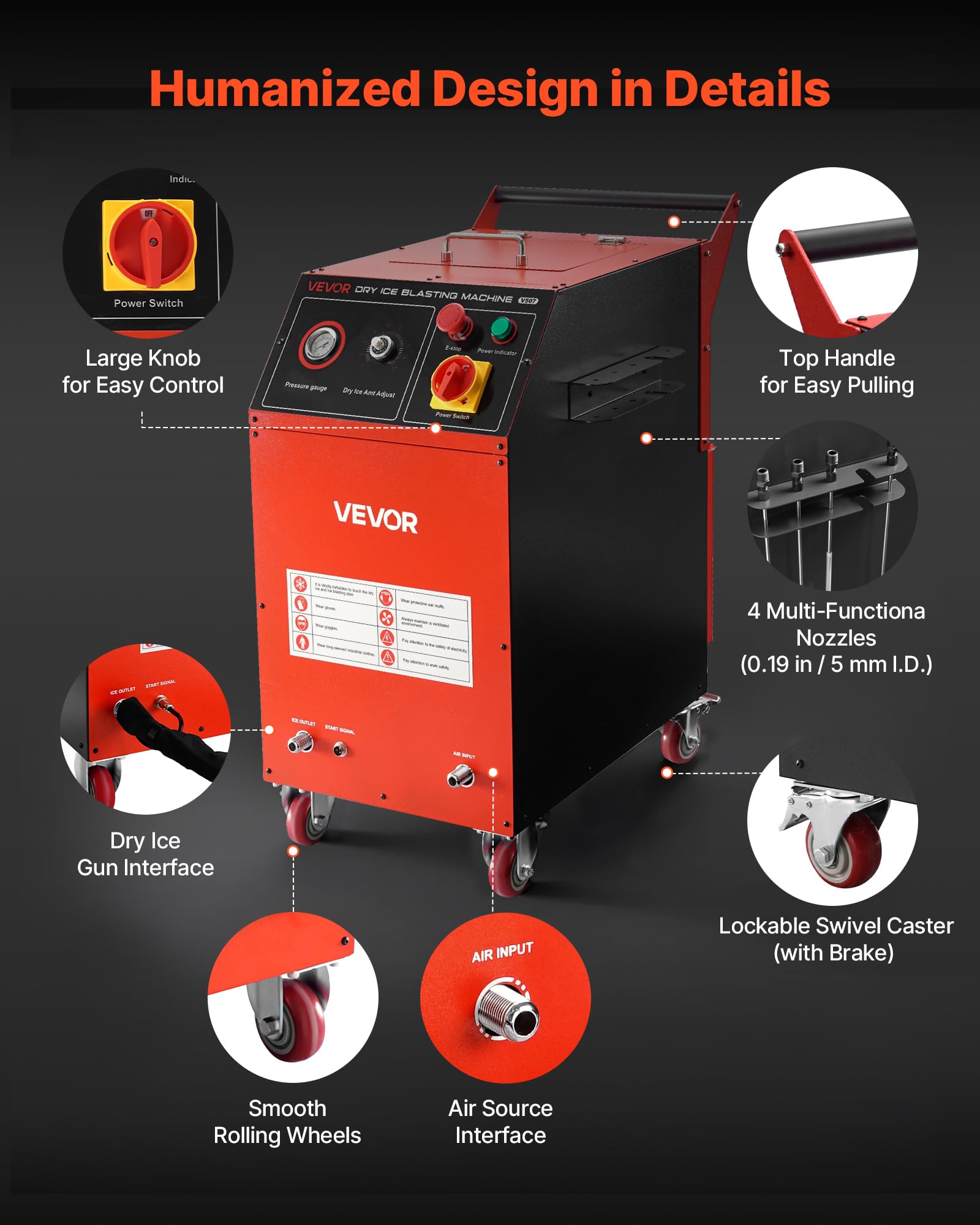 VEVOR Máquina de Limpieza con Hielo Seco, Capacidad de 7,5 kg, con 4 Boquillas, Presión y Cantidad de Hielo Seco Ajustables, para Aplicaciones Automotrices, Navales, de Aviación y Químicas, Negro