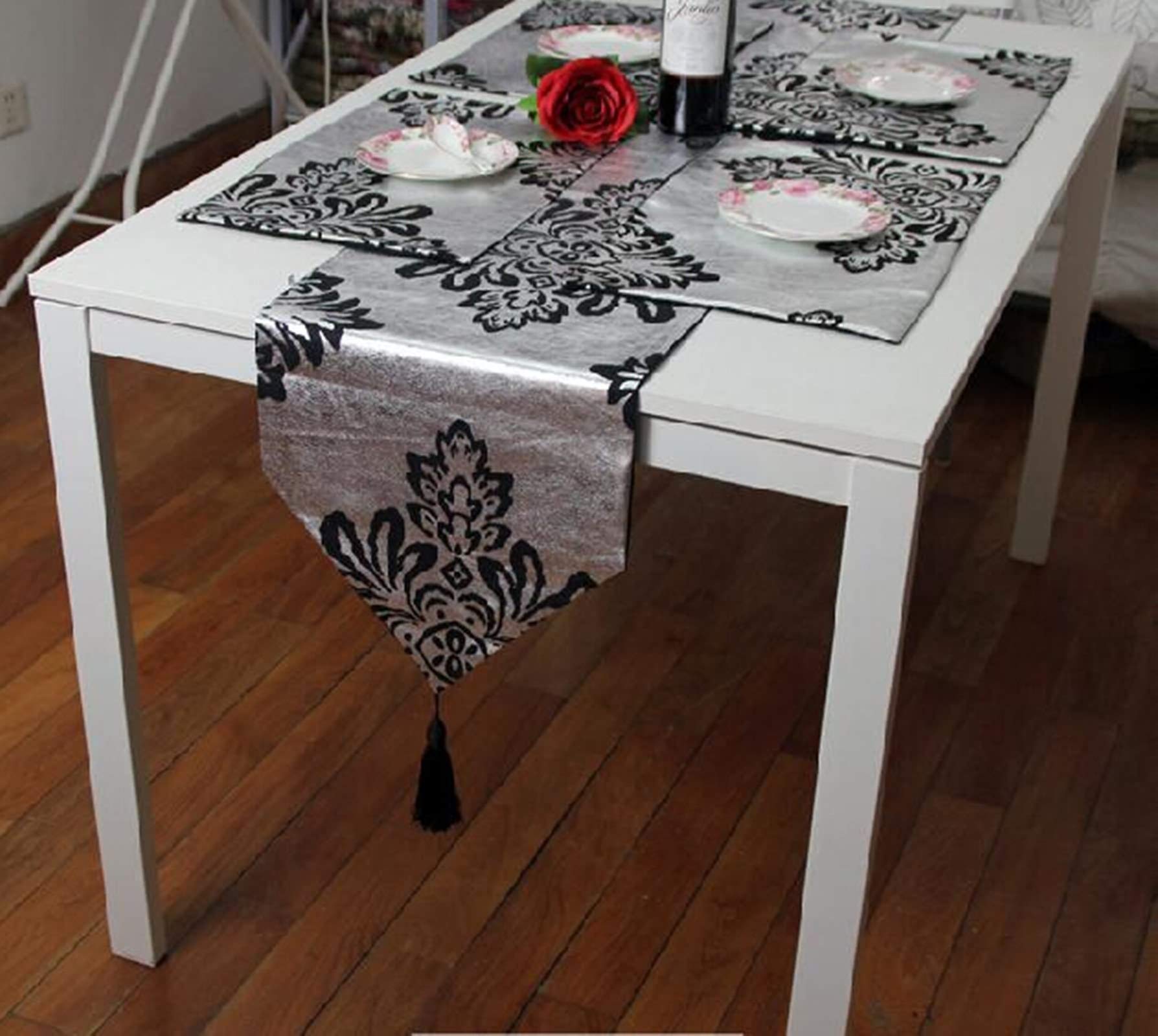 Tavola Runner in Seta, Runner Natalizio Argento Nero Motivo Floreale Runner Da Tavolo Elegante, 33x250CM