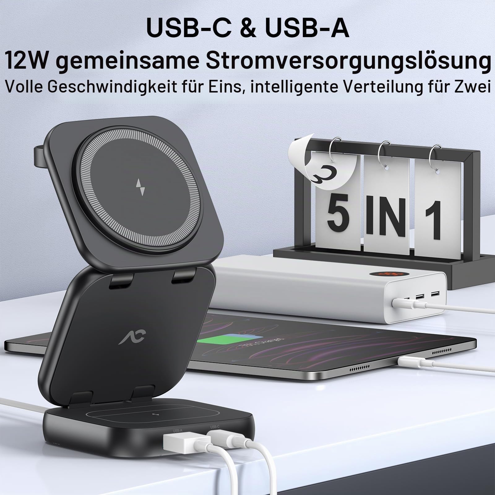 AC Island 5 in 1 iPhone Ladestation kompatibel mit Mag-Safe Ladegerät, Qi2 Faltbar Reisen Wireless Charger für iPhone 17/16/15/14/13/12 Series, AirPods Pro 3, Apple Watch - Schwarz(Mit 35W Stecker)