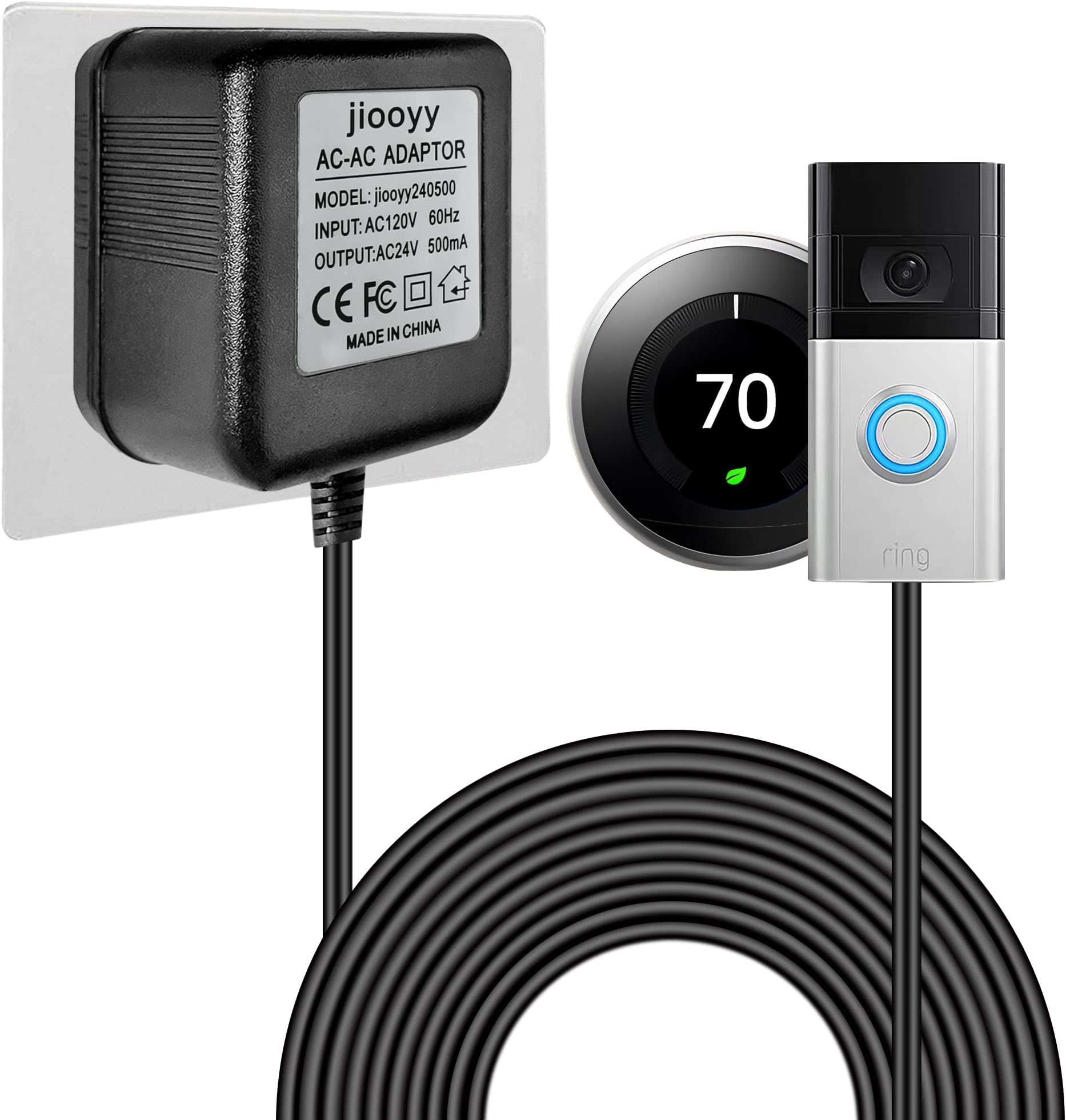 24 Volt Doorbell Power Adapter - 16.4ft Long C Wire Adapter, Doorbell Transformer Fits Ring, Nest Hello, Wyze, Eufy Video Doorbells and Ecobee,Sensi,Nest,Honeywell Thermostat(Black)