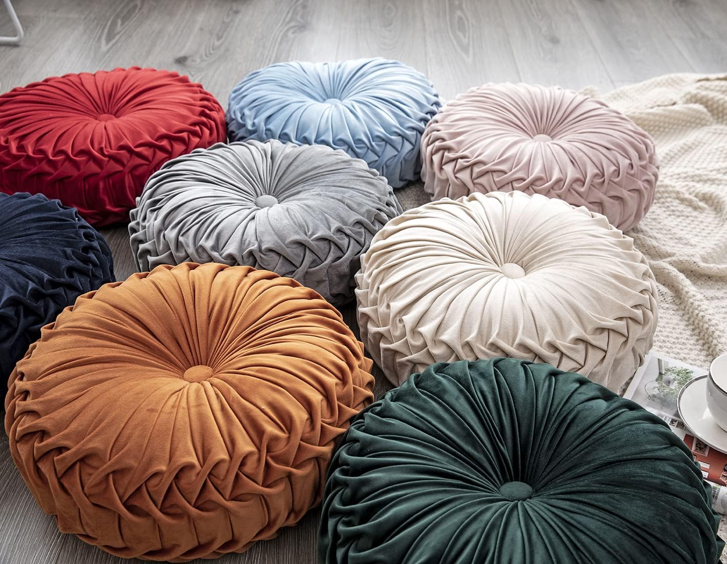 vctops Green Velvet Seat Cushions Round Floor Pillows Thicken Chair Cushions Pleated Chair Pads Seat Pad Throw Pillows for Bedroom Living Room (Dark Green,Diameter 15")