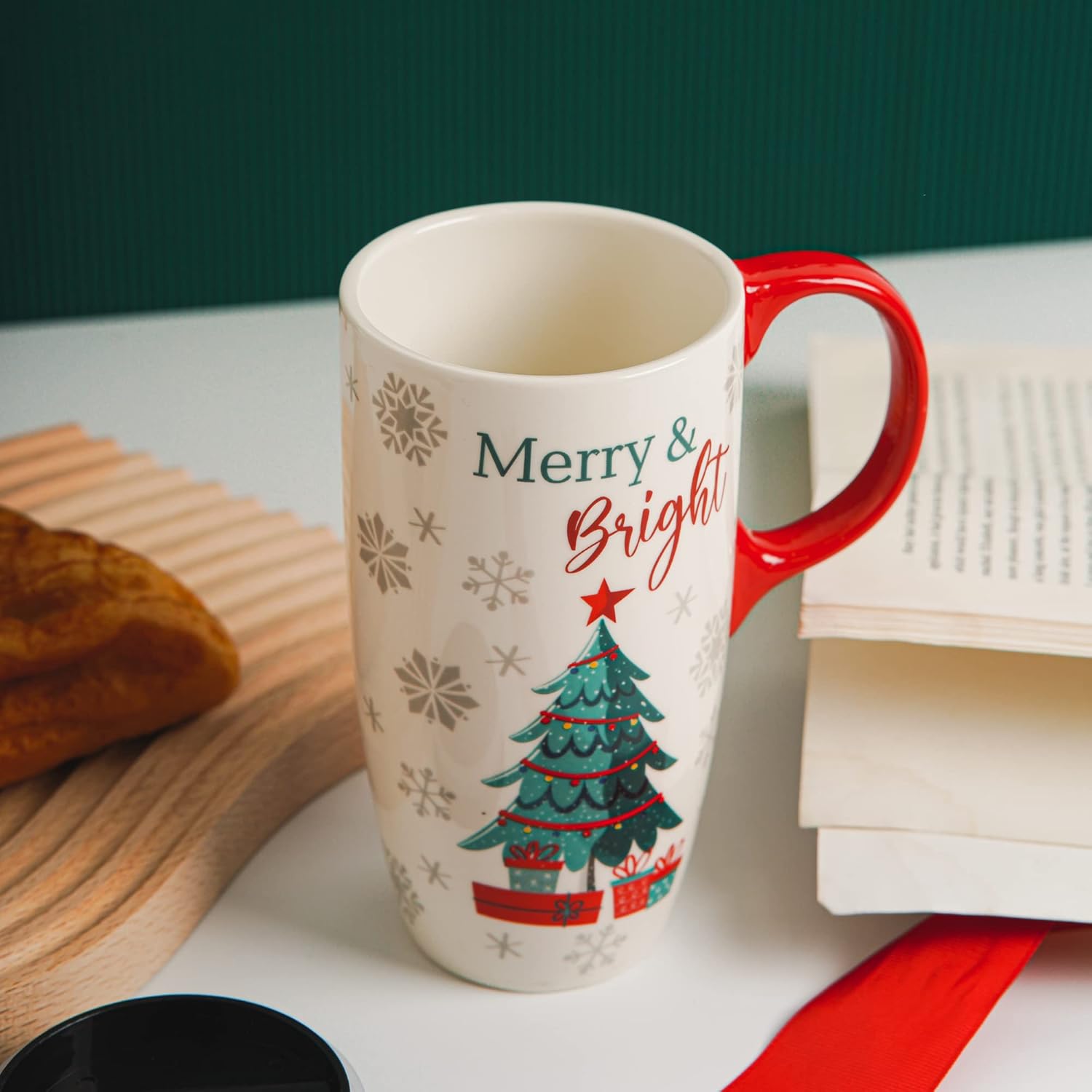 Topadorn Ceramic Coffee Mug Tall Ceramic Christmas Cup with Lid and Matching Color Box.17 oz.Christmas Tree - Image 5