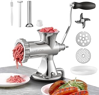 VEVOR Manual Meat Grinder, 304 Stainless Steel Hand Meat Grinder with Suction Cup + Steel Table Clamp, Meat Mincer Sausage Maker & 2 Cutting Plates, Sausage Tube, Grinding Head for Beef Pepper Cookie