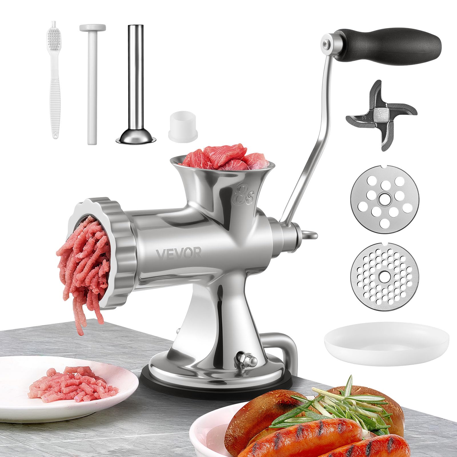 VEVOR Manual Meat Grinder 304 Stainless Steel Hand Meat Grinder with Suction Cup Steel Table Clamp Meat Mincer Sausage Maker 2 Cutting Plates Sausage Tube Grind Head for Beef Pepper Cookie