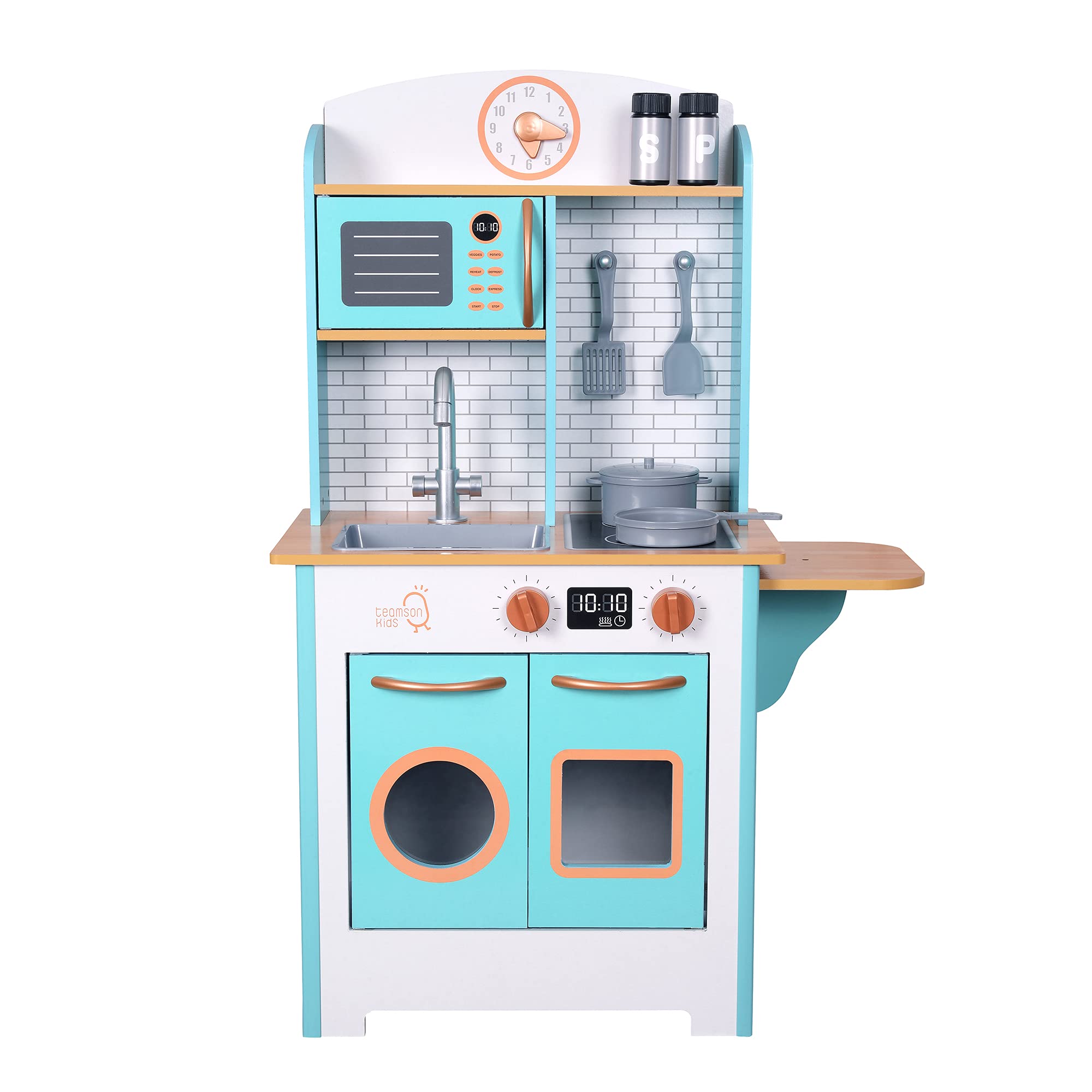 Teamson Kids Mały szef mały retro drewniana zabawa kuchnia zabawka udawanie zestaw do zabawy z interaktywnymi funkcjami i 7 akcesoriami do odgrywania ról niebieski/biały TD-13629A