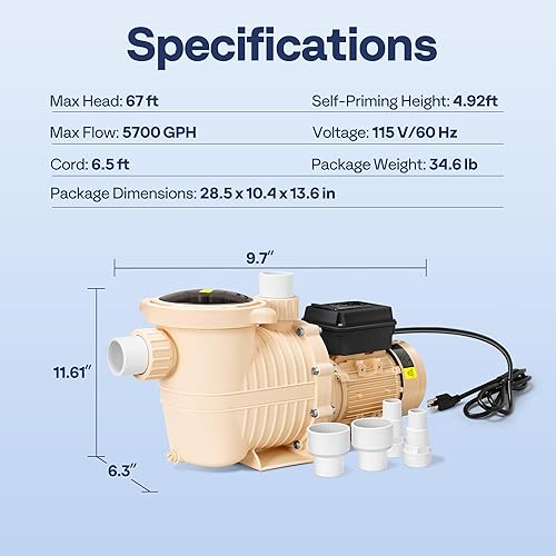 Miniatura 7 de VIVOHOME Bomba de piscina de velocidad variable de 115 V, ahorro de energía autocebante, entrada de 1.5 pulgadas y 2 pulgadas con cesta coladora