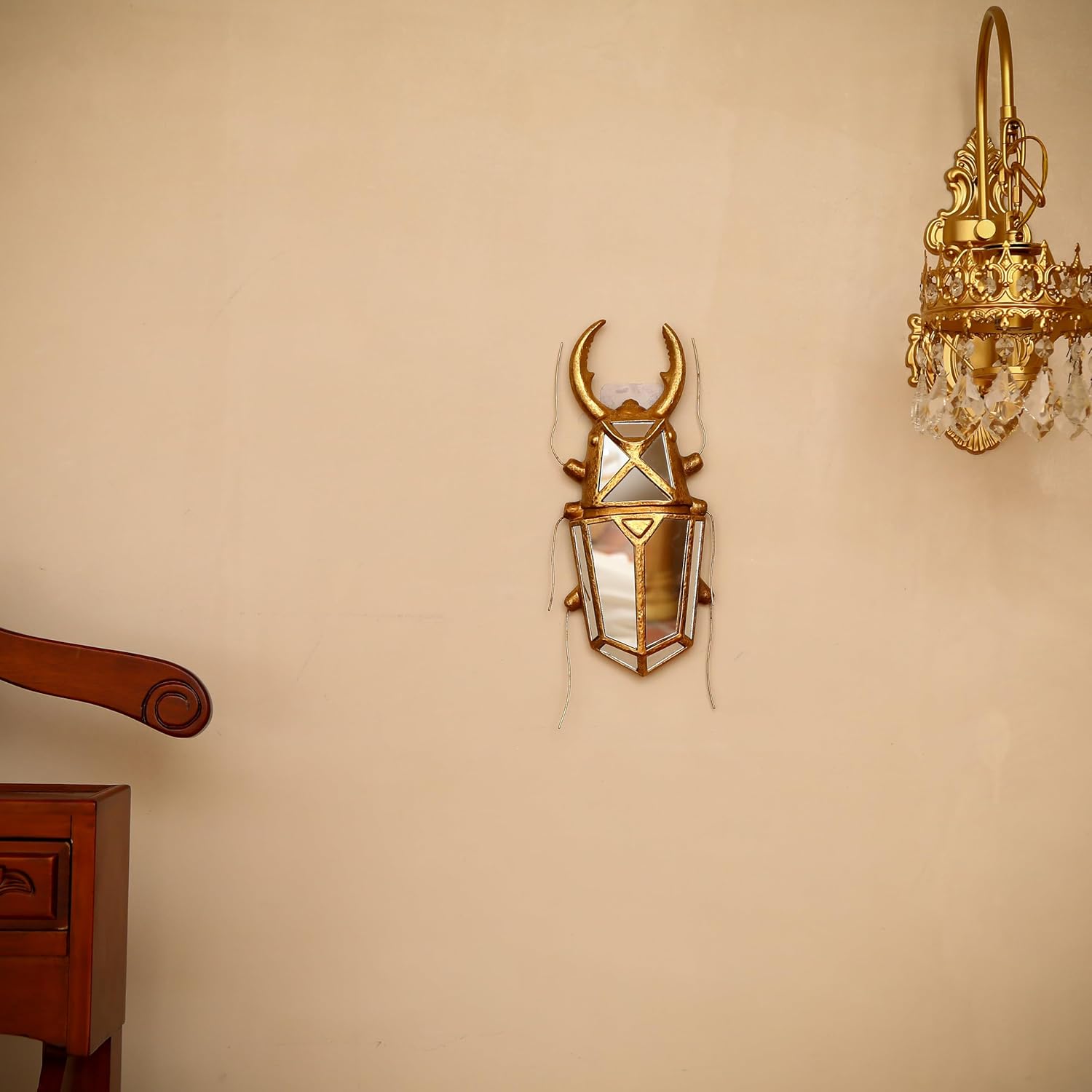 Decorative Bug Insects Beetle Mirrors - Gold Resin and Glass Wall Decor, Perfect for Victorian and European Themed Homes (Sheep Horn Beetle)