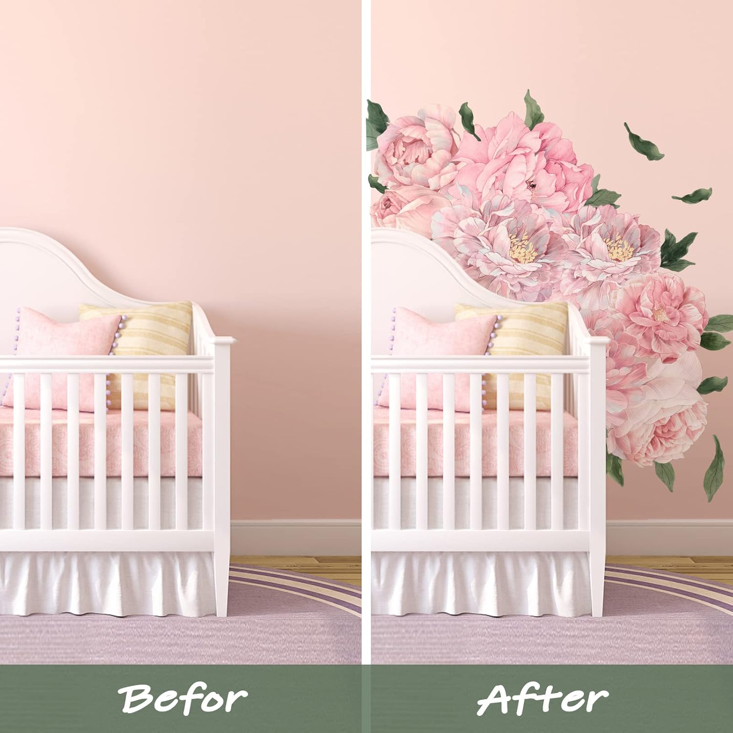 Pink Peony Wall Stickers for Nursery Wall Decor Flowers Wall Decals Peel and Stick Kids Floral Decals for Girls Bedroom Living Room Nursery Wall Decor