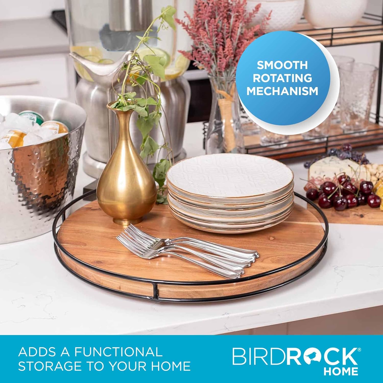 BIRDROCK HOME 18” Wooden Lazy Susan - Espresso - Iron Edges - Table Top Turntable - Cabinet or Pantry Organizer - Decorative Spice Rack Medicine Cleaning Spinning Table - Wood