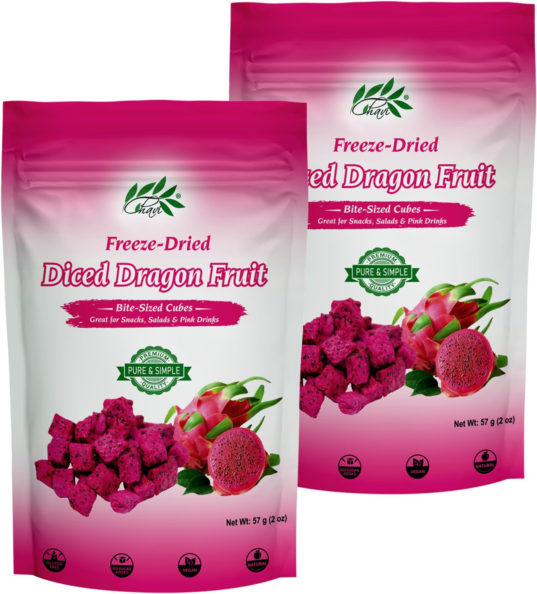 CHAVI Freeze-Dried Diced Dragon Fruit Snack - Pack of 2 x 2 oz - Healthy 1 Ingredient Superfood - No Added Sugars or Preservatives - Non-GMO, Vegan, Gluten-Free (Pack of 2)…