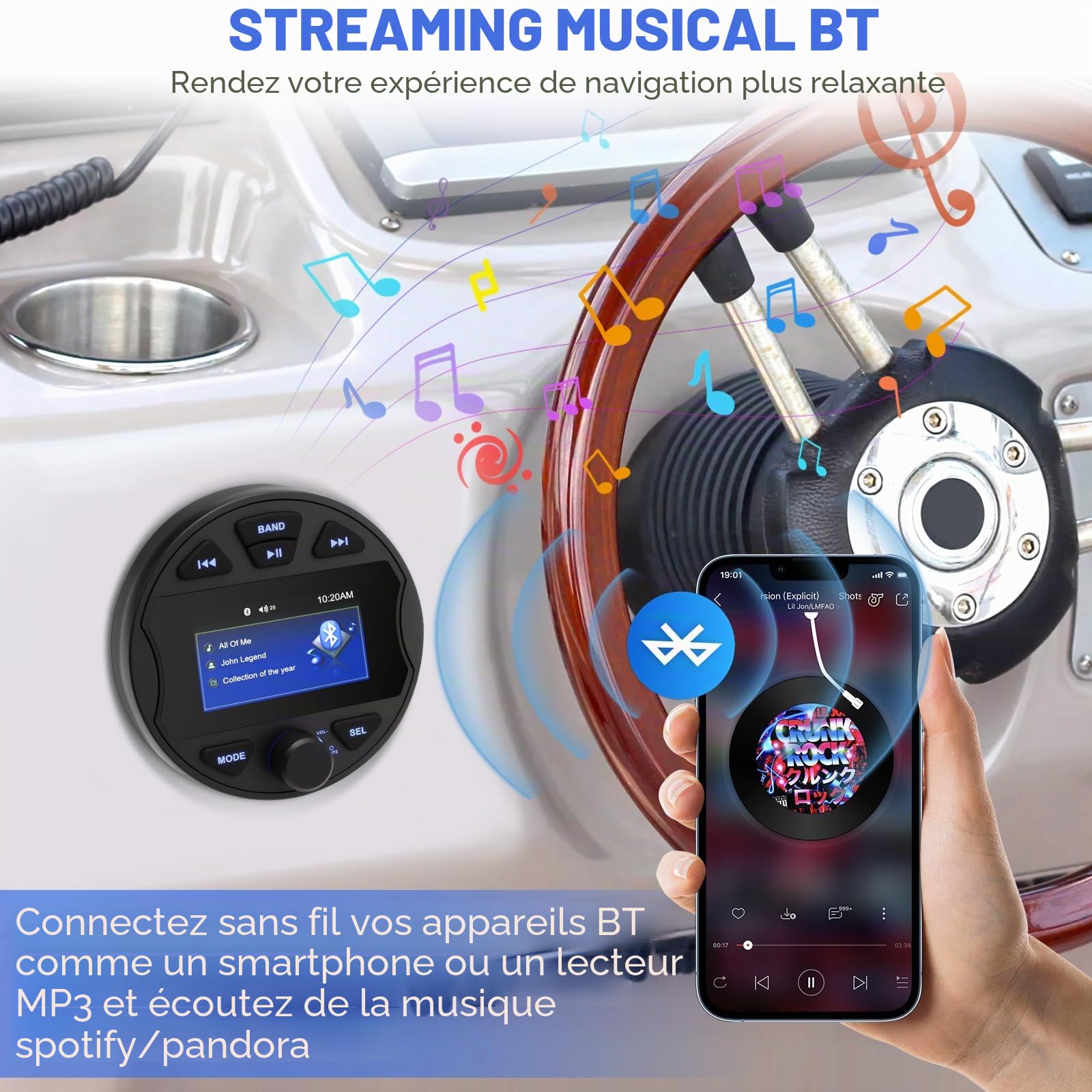 Radio marine RCA caisson de basses stéréo MP5 Lecteur multimédia pour BT & FM/AM Fonctionnel USB IPX6 étanche pour bateau et utilisation professionnelle