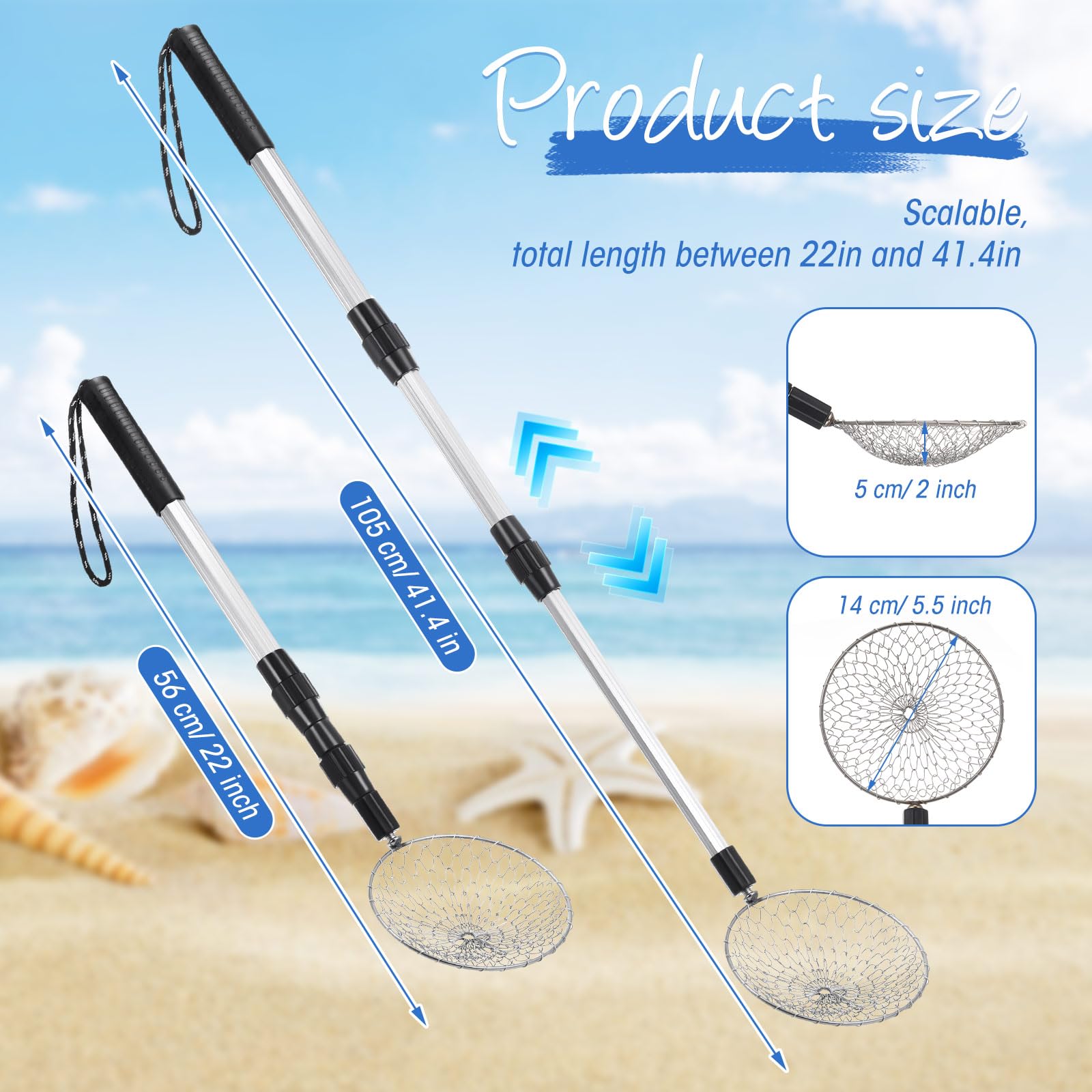 Vinsot Juego de 4 tamices de arena de playa, pala ajustable, palas de tamizado de arena con mango de 41.5 pulgadas de largo, tamiz de dientes de tiburón para limpieza de playa