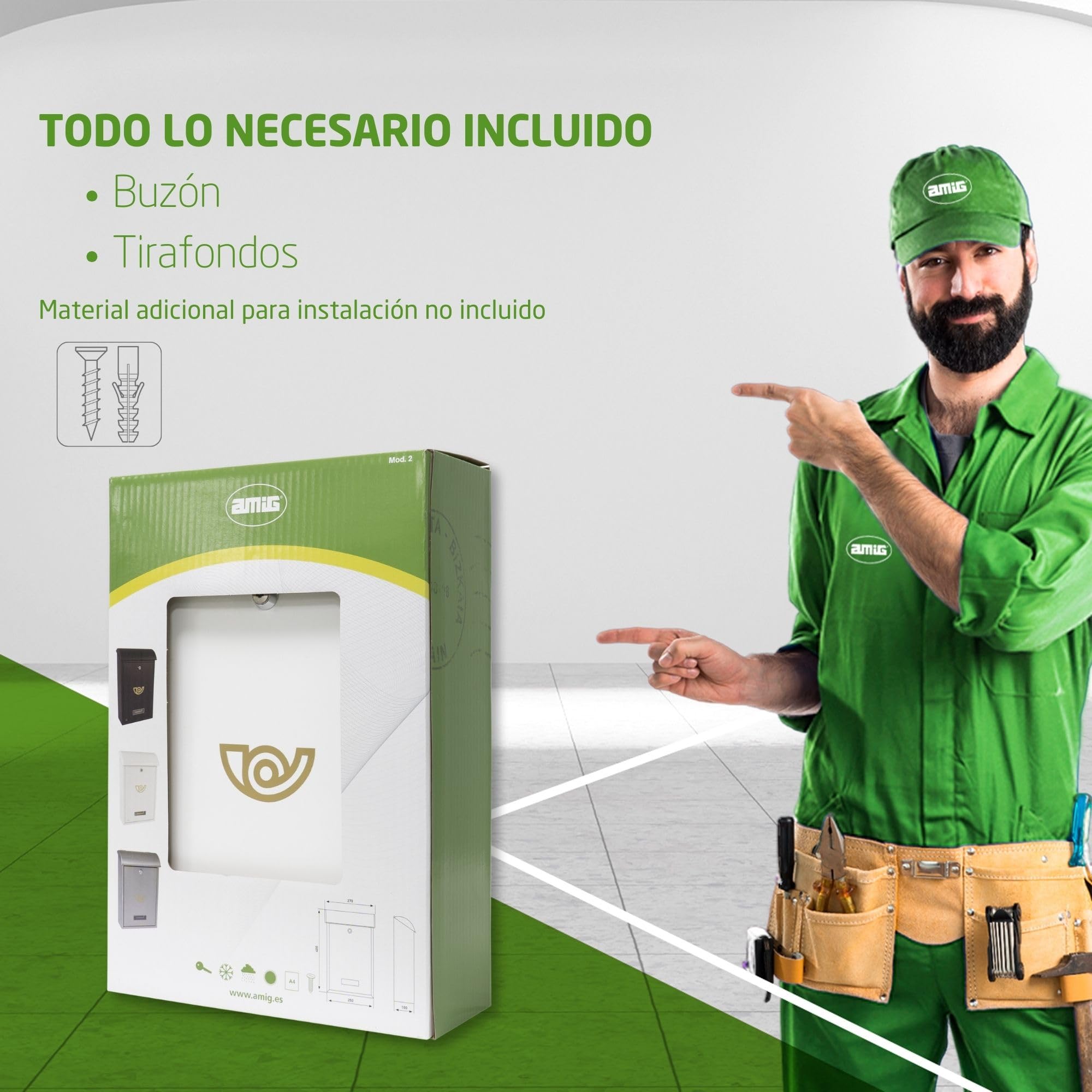 Amig - Buzón Exterior de Pared - Tamaño Compacto para DIN A4 - Apertura Frontal con Cerradura - Acero - Blanco - Fácil de Instalar en Puertas o Verjas - 40 x 24 x 8 cm