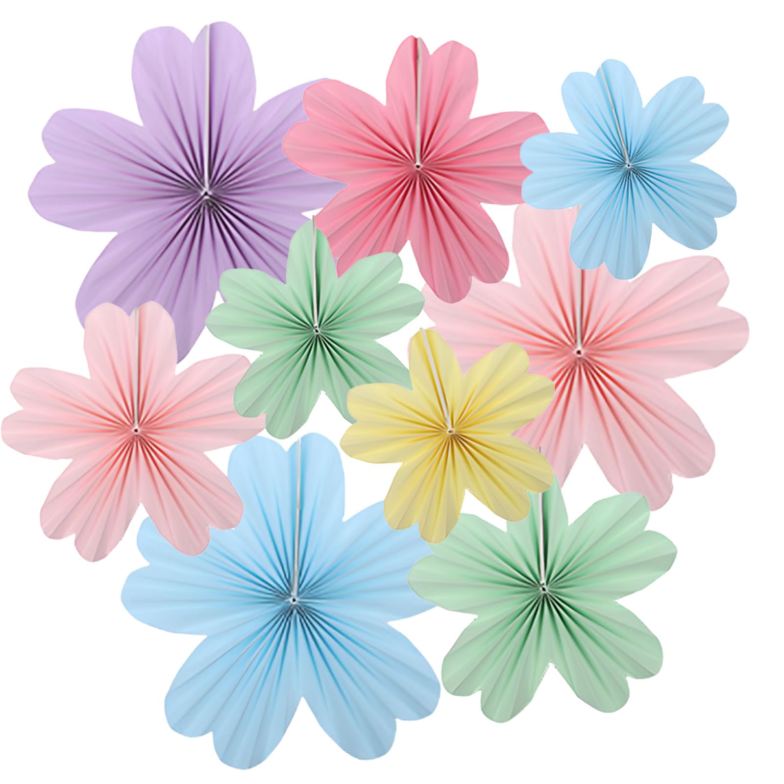 9Pcs Pastel Paper Flowers Decorations, Paper Fan Hanging Party Decorations Set with String & Clips, Floral Birthday Decorations for Wedding Baby Shower Garden Party Classroom Decor